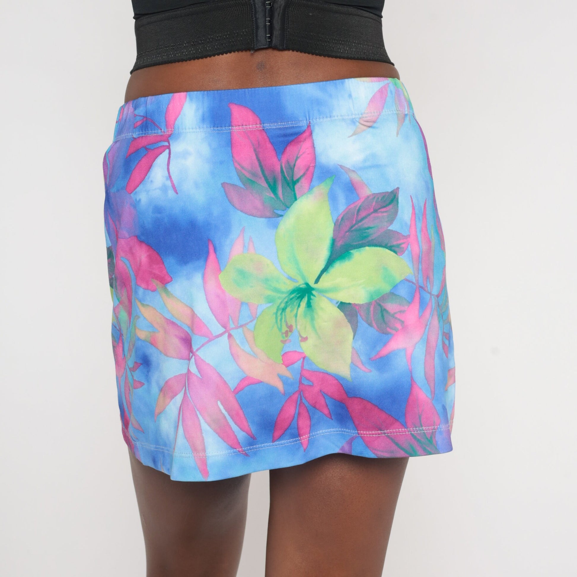 90s Purple Tropical Floral Mini Skirt Spandex Stretch Small S