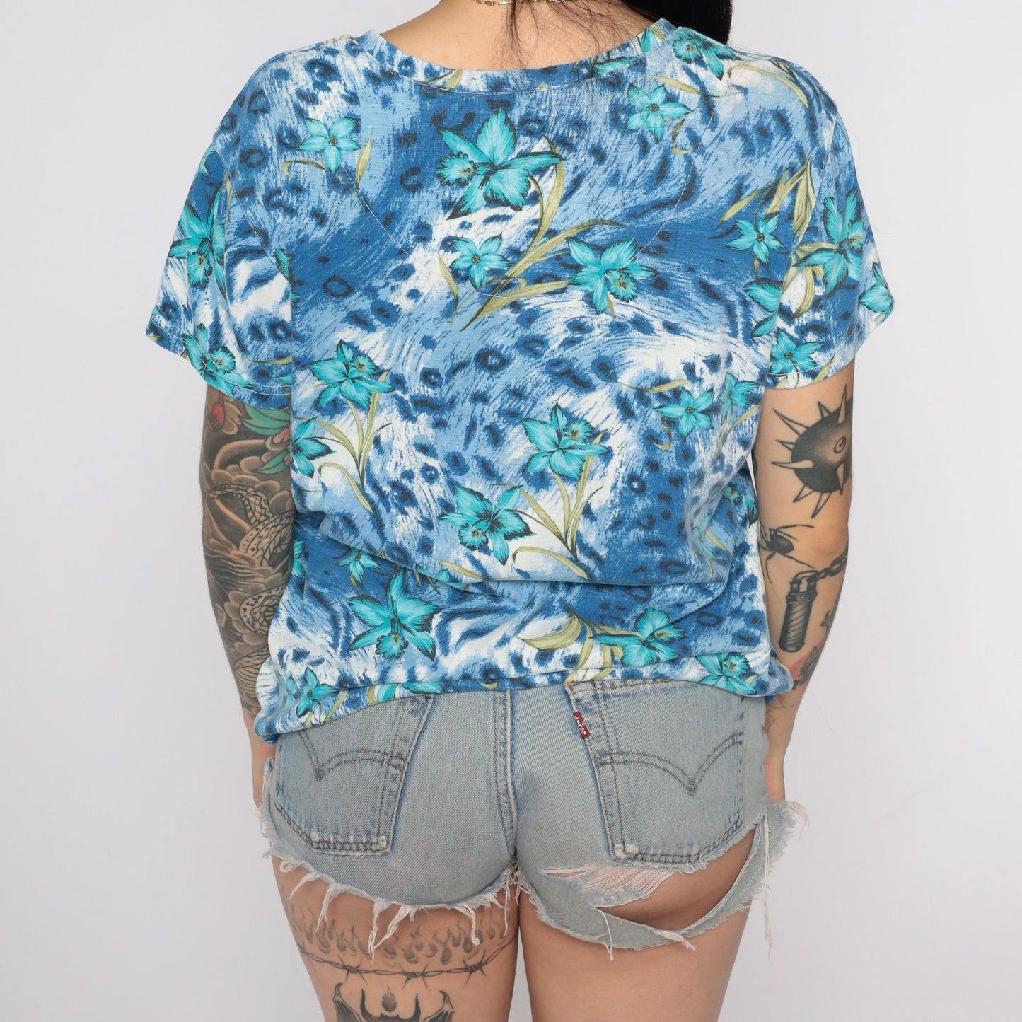 00s Tropical Floral Leopard Print Button-Up Blouse Blue Short Sleeve Small S