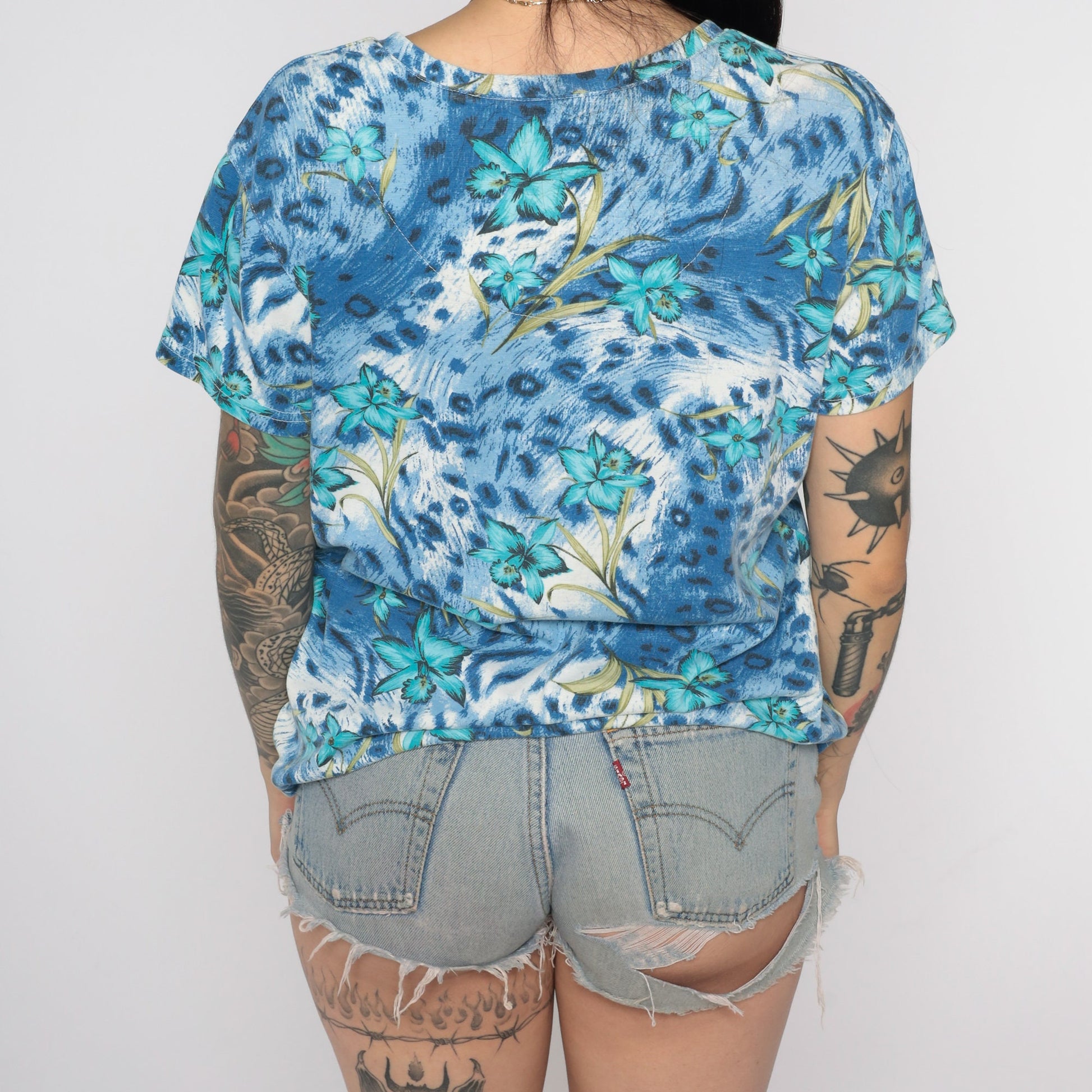 00s Tropical Floral Leopard Print Button-Up Blouse Blue Short Sleeve Small S