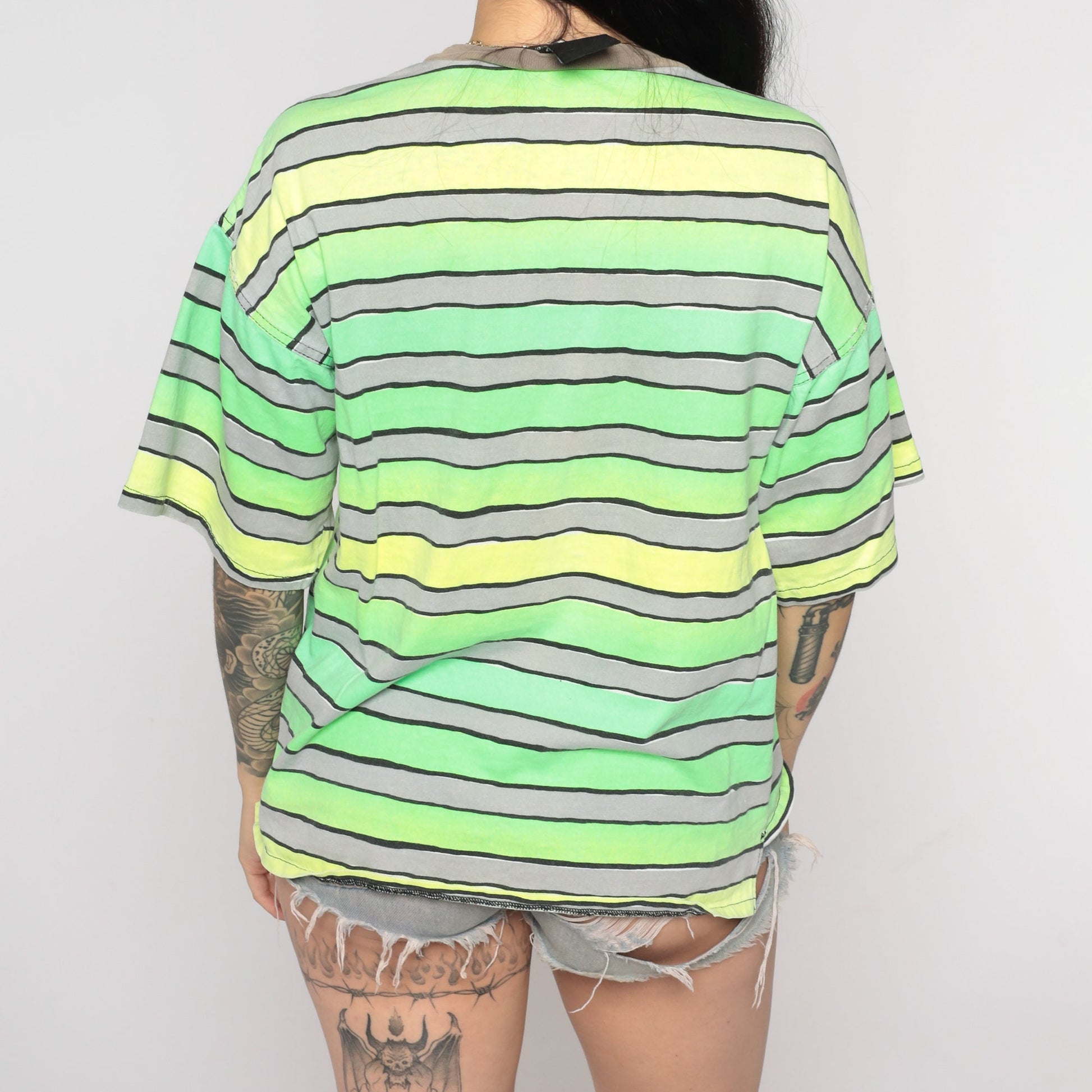 90s Morey Boogie Neon Surfer Graphic T-Shirt Green Striped Small