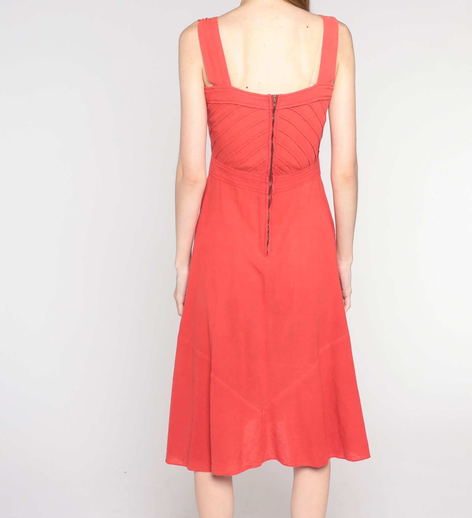 1970s Red Midi Sundress Crochet Trim High Waist Pintuck Cotton Small