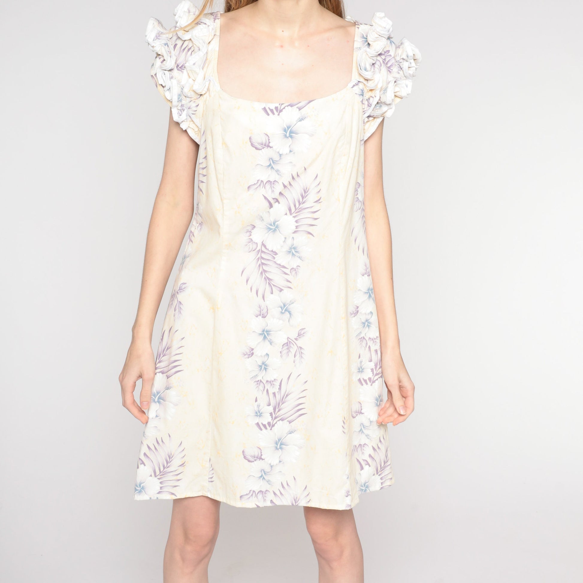 80s Floral Print Mini Dress White Ruffled Shift Short Sleeve Medium