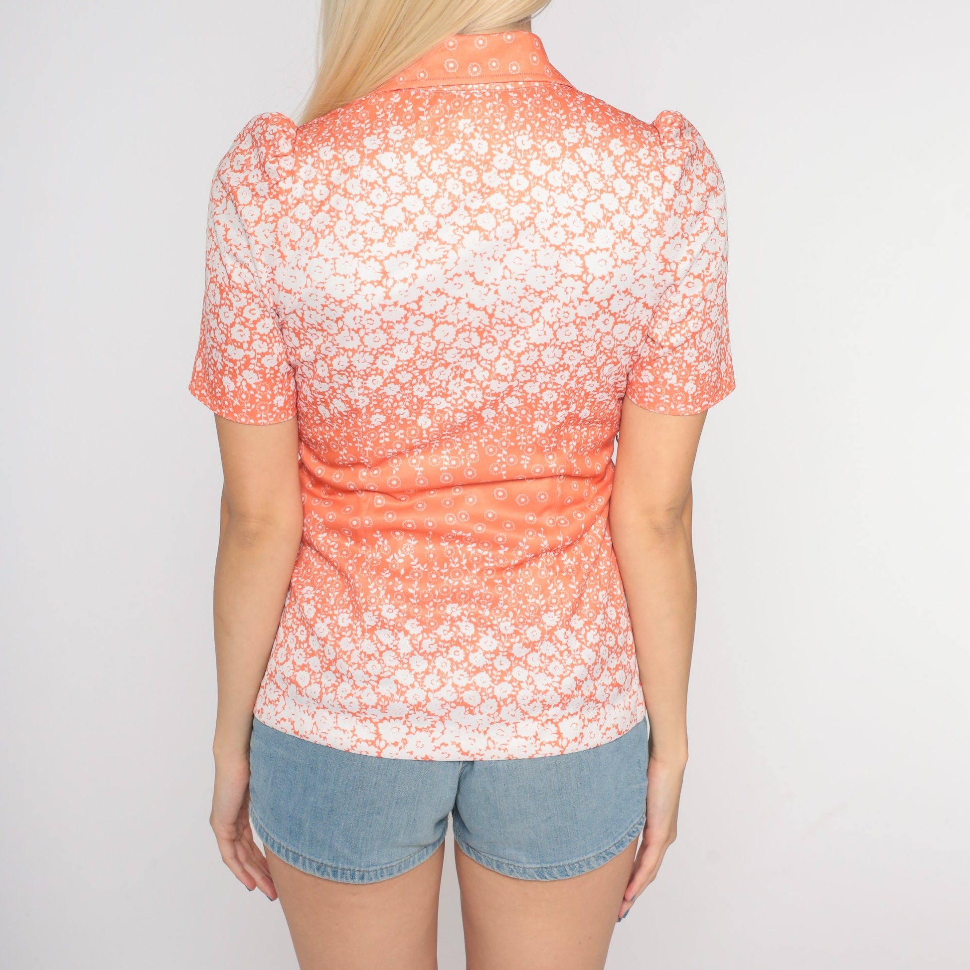 70s Orange Floral Button Up Blouse Puff Sleeve Dagger Collar Extra Small