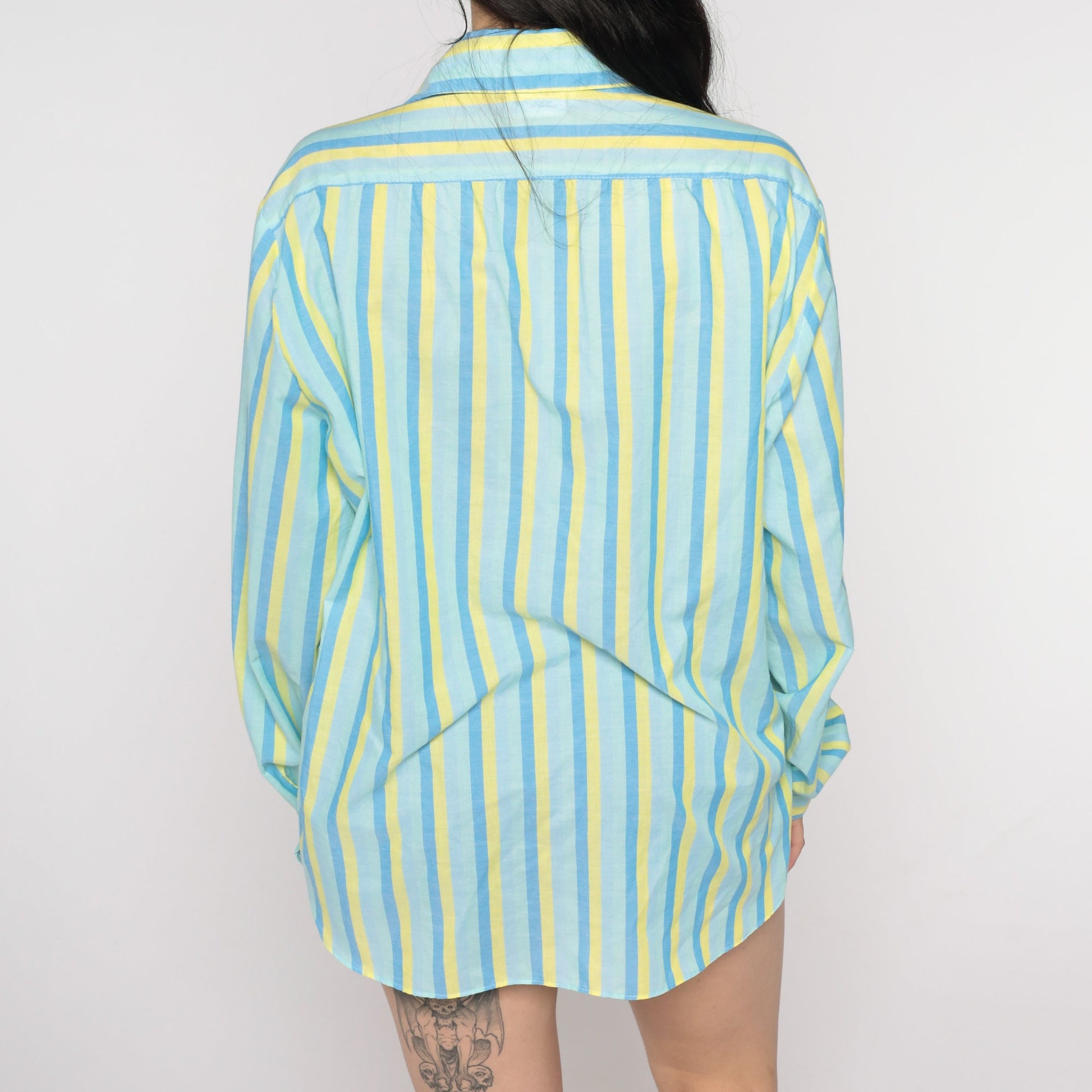 80s Blue & Yellow Striped Button-Up Blouse Notched Collar Long Sleeve Medium