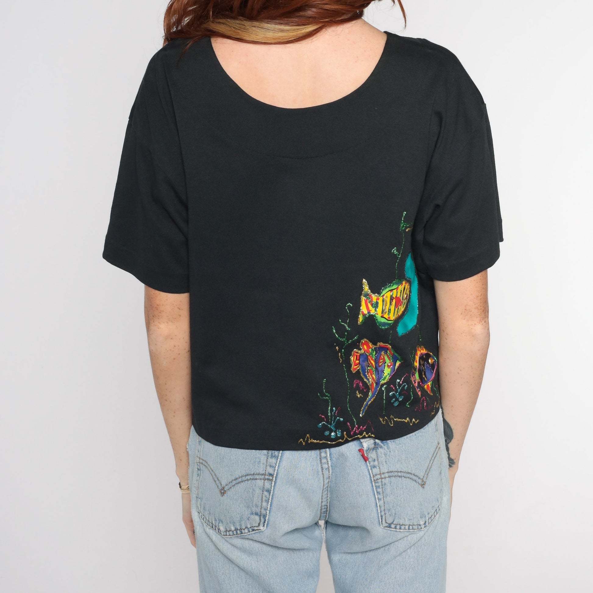 90s Black Tropical Fish Ascot Blouse Glitter Pearls Short Sleeve Large L
