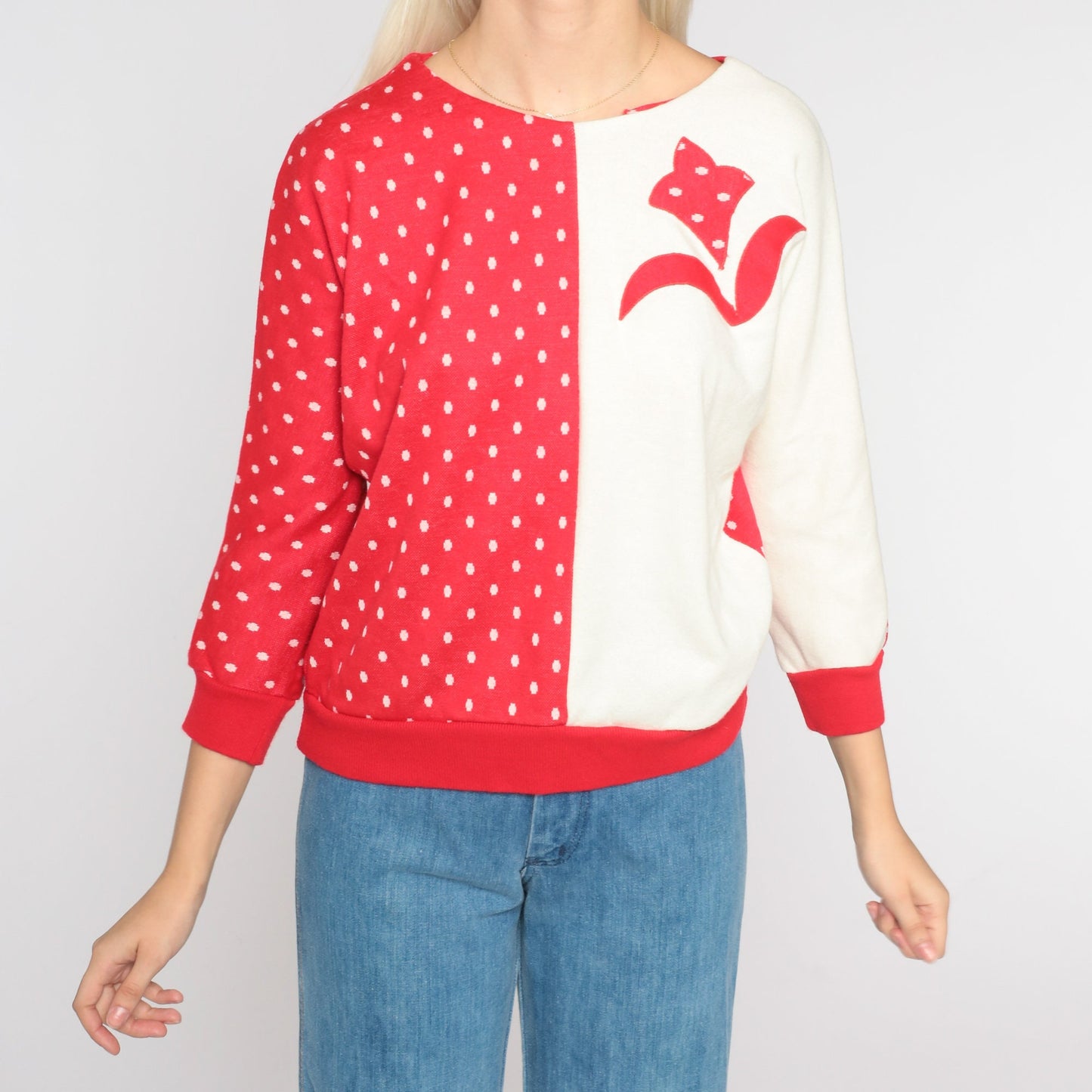 80s Red Polka Dot Sweatshirt Cream Floral Appliqué Pullover Small