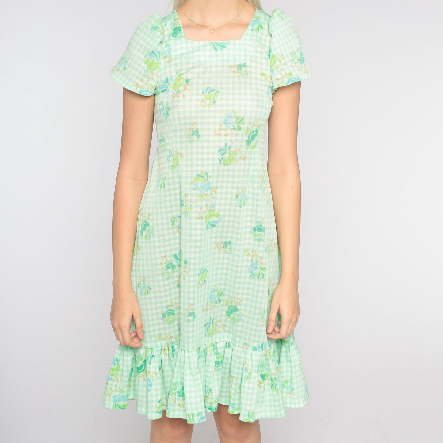 70s Green White Gingham Bird Floral Mini Dress Puff Sleeve Shift Small