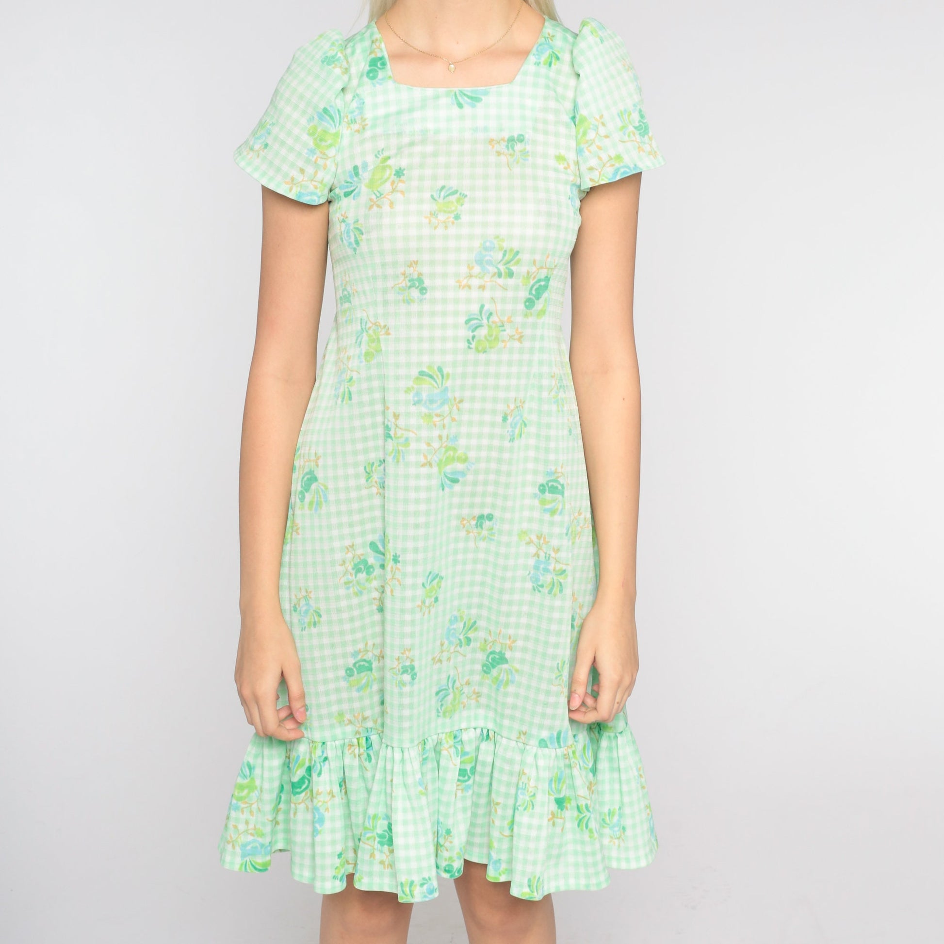 70s Green White Gingham Bird Floral Mini Dress Puff Sleeve Shift Small