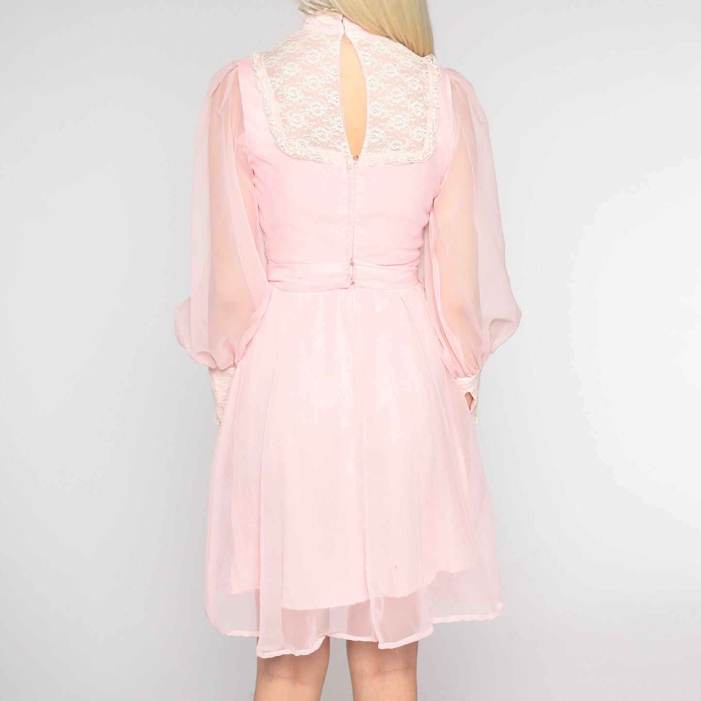 70s Pink Chiffon Mini Dress High Neck Lace Bib Long Sleeve Extra Small