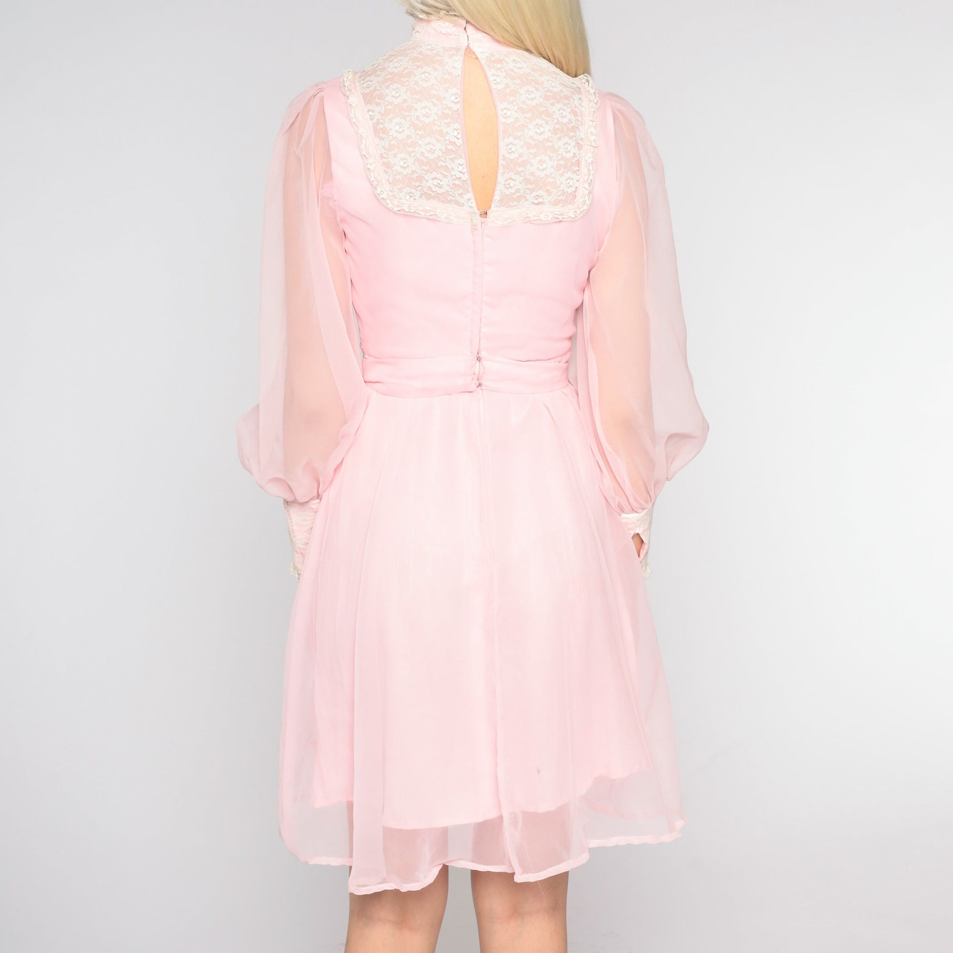 70s Pink Chiffon Mini Dress High Neck Lace Bib Long Sleeve Extra Small