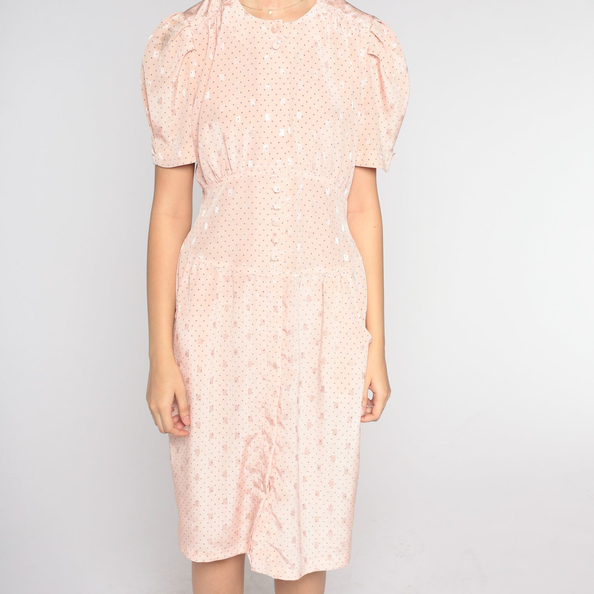 80s Blush Pink Button-Up Sheath Dress Puff Sleeve High Waist Knee Length Medium M