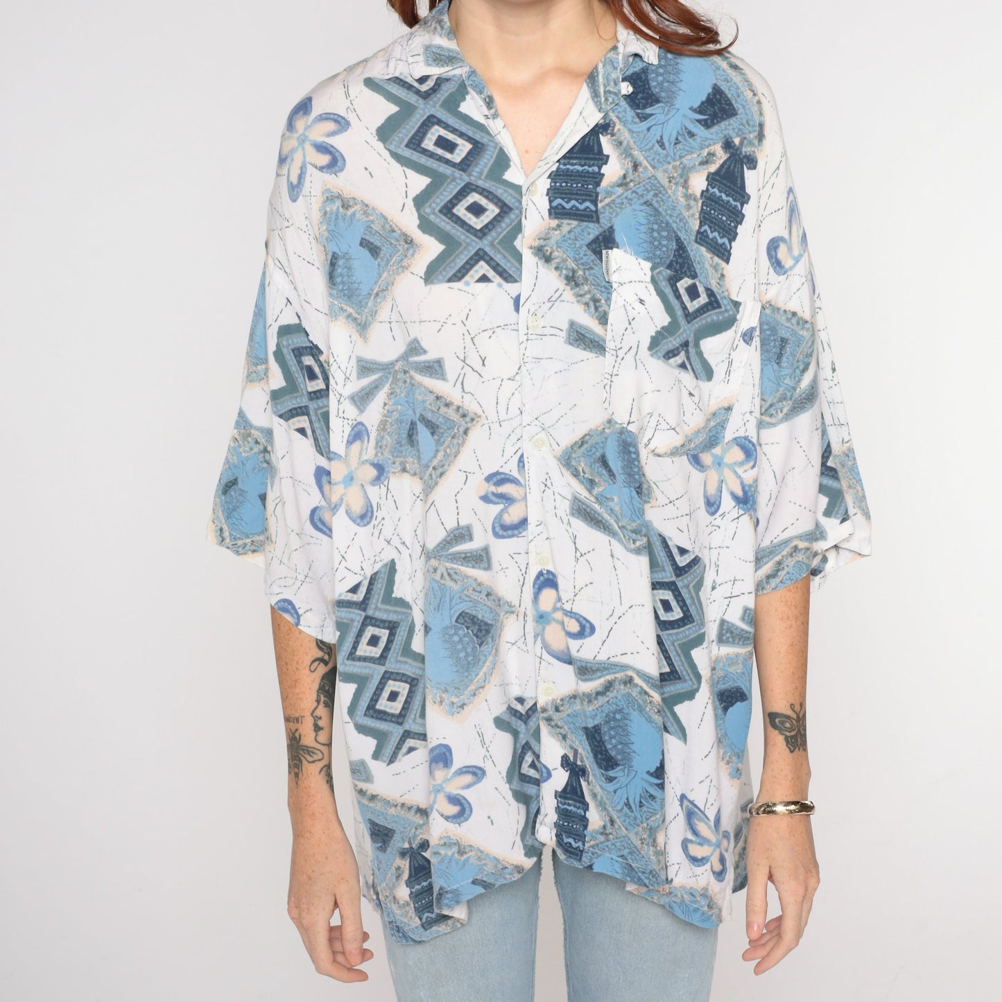 Y2K Tropical Pineapple Print Button Up Shirt White Blue Abstract Mens Large
