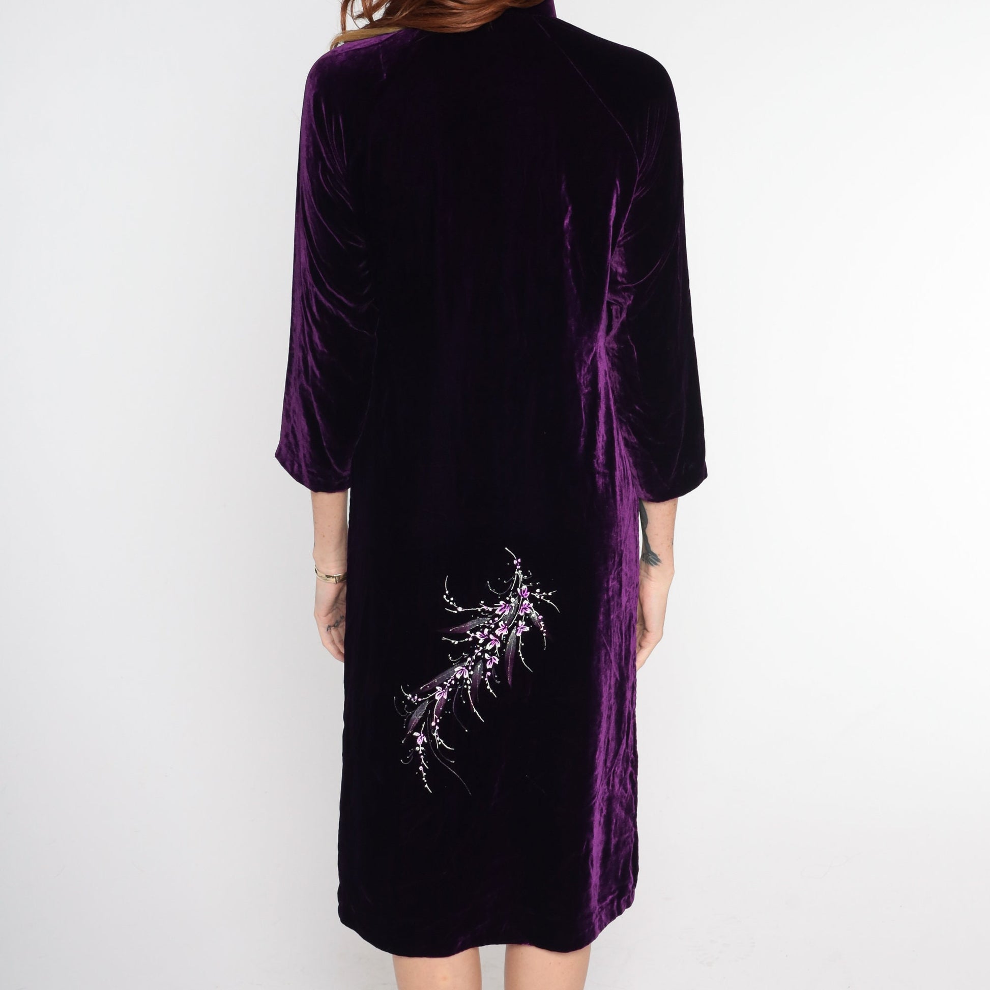 90s Dark Purple Velvet Ao Dai Midi Dress Cherry Blossom Print High Slit Extra Small