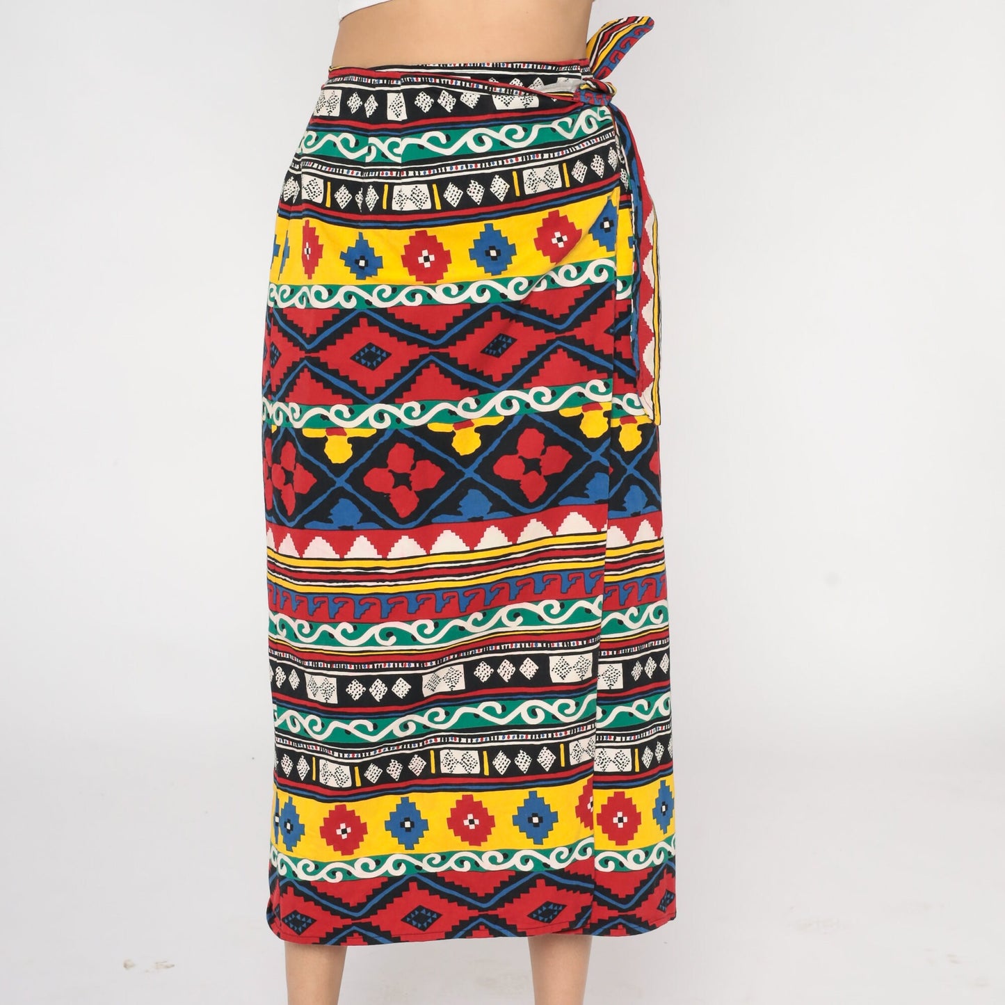 90s Geometric Aztec Print Wrap Midi Skirt Cotton Red Yellow Blue Medium M