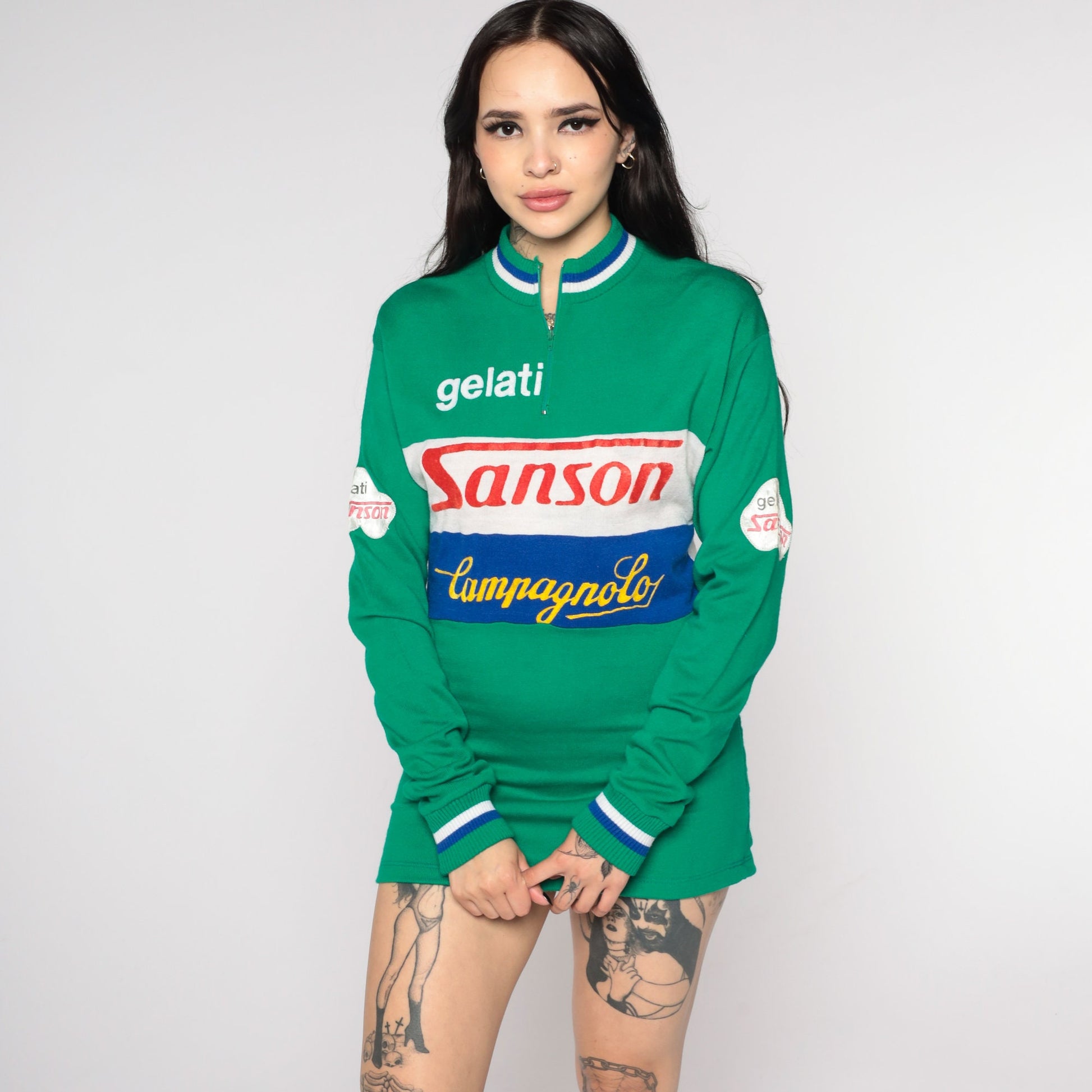 80s Campagnolo Sanson Gelati Cycling Jersey Green Striped Zip Neck Small