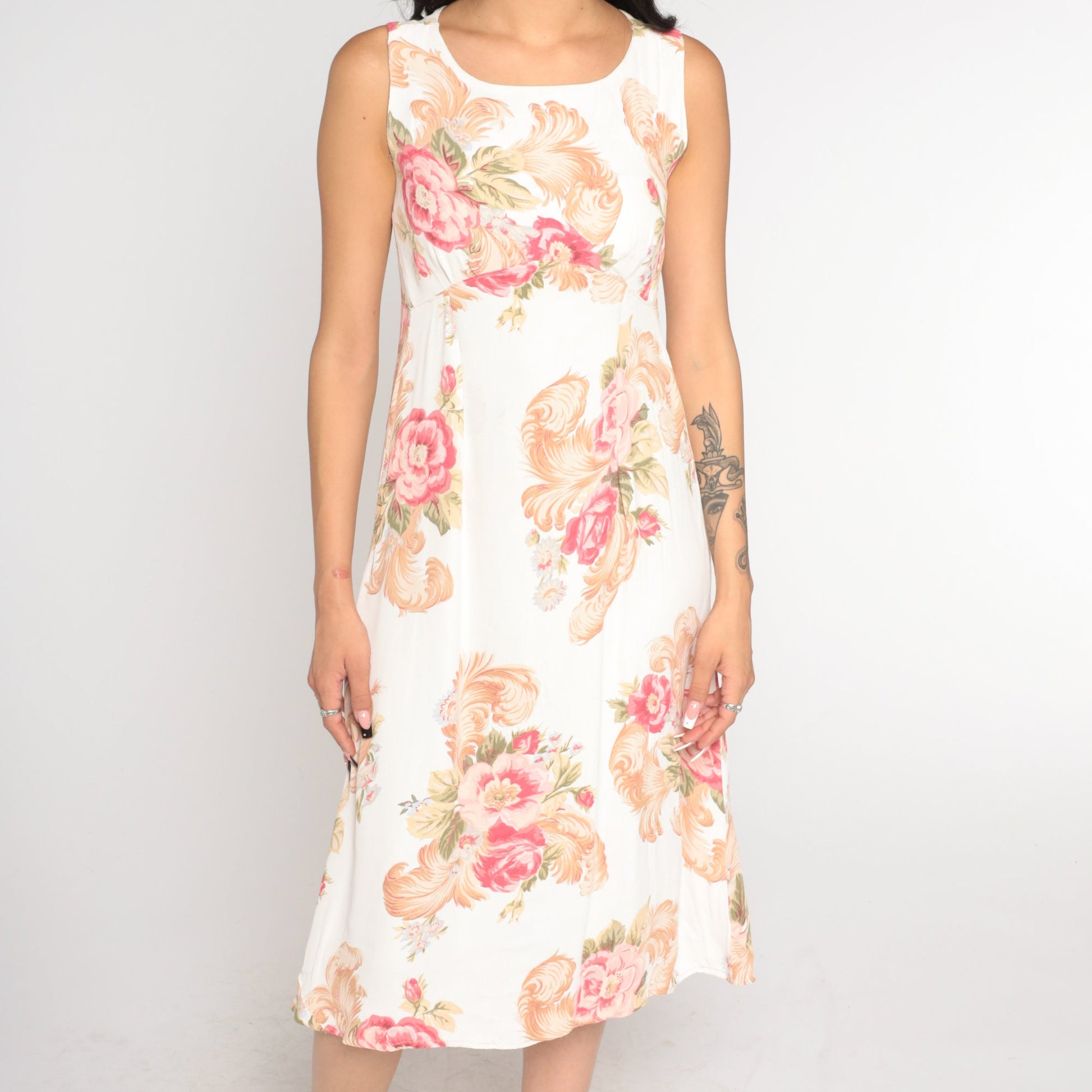 90s White Floral Midi Sundress Empire Waist Cutout Back Small