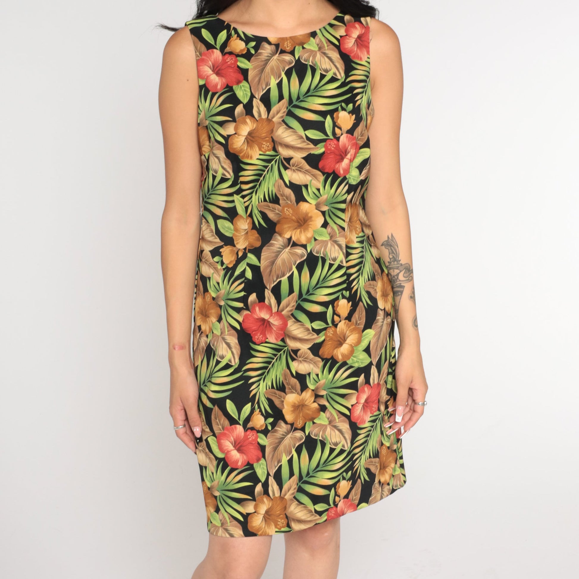 90s Black Tropical Floral Mini Dress Shift Sleeveless Medium 8