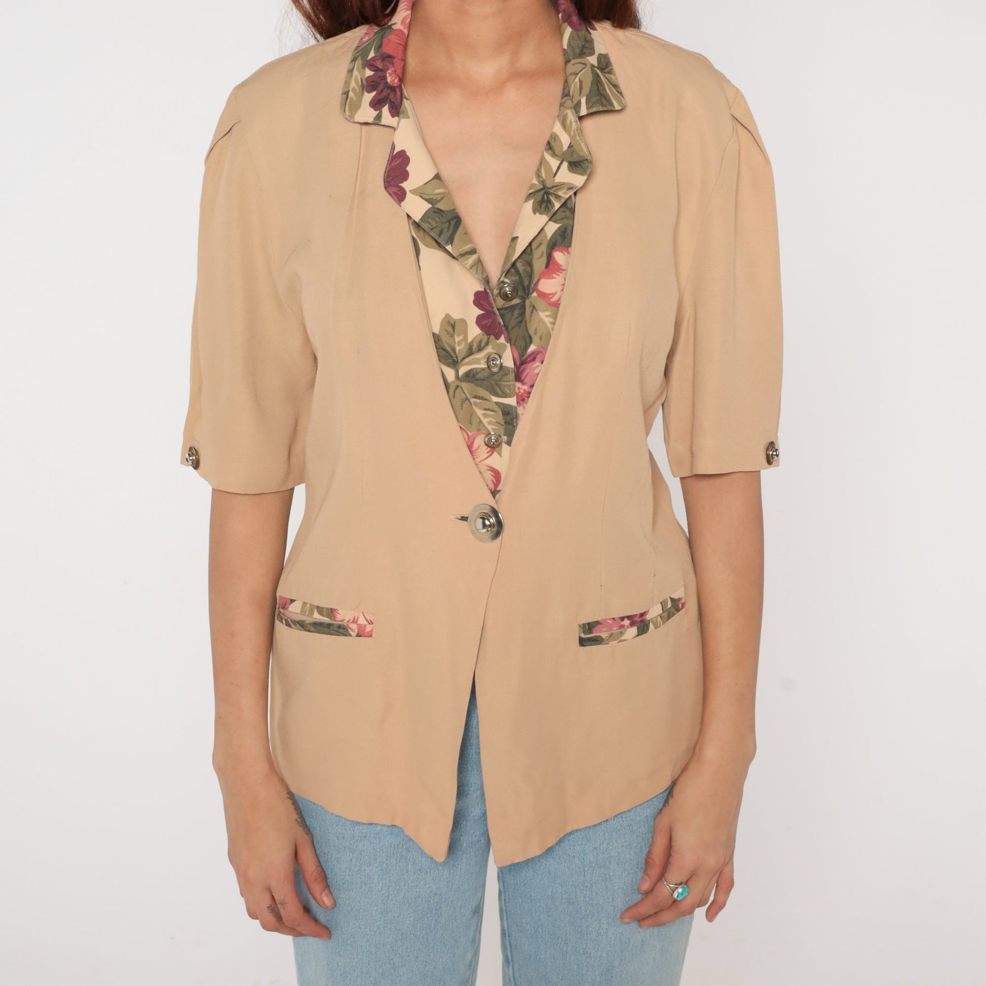 90s Tan Floral Button-Up Blouse Short Sleeve V-Neck Trim Large L