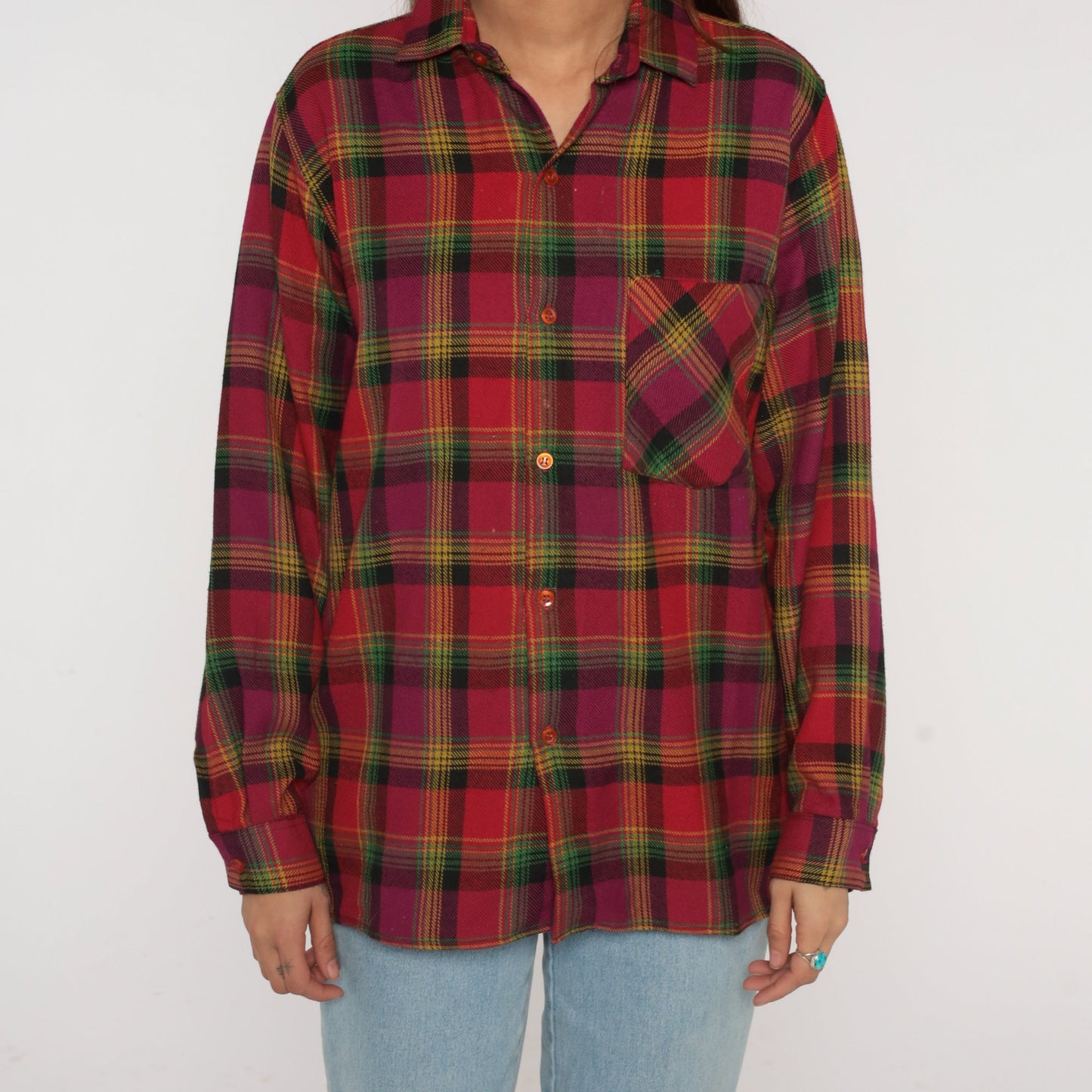 90s Red Plaid Flannel Shirt Button-Up Long Sleeve Collared Medium M
