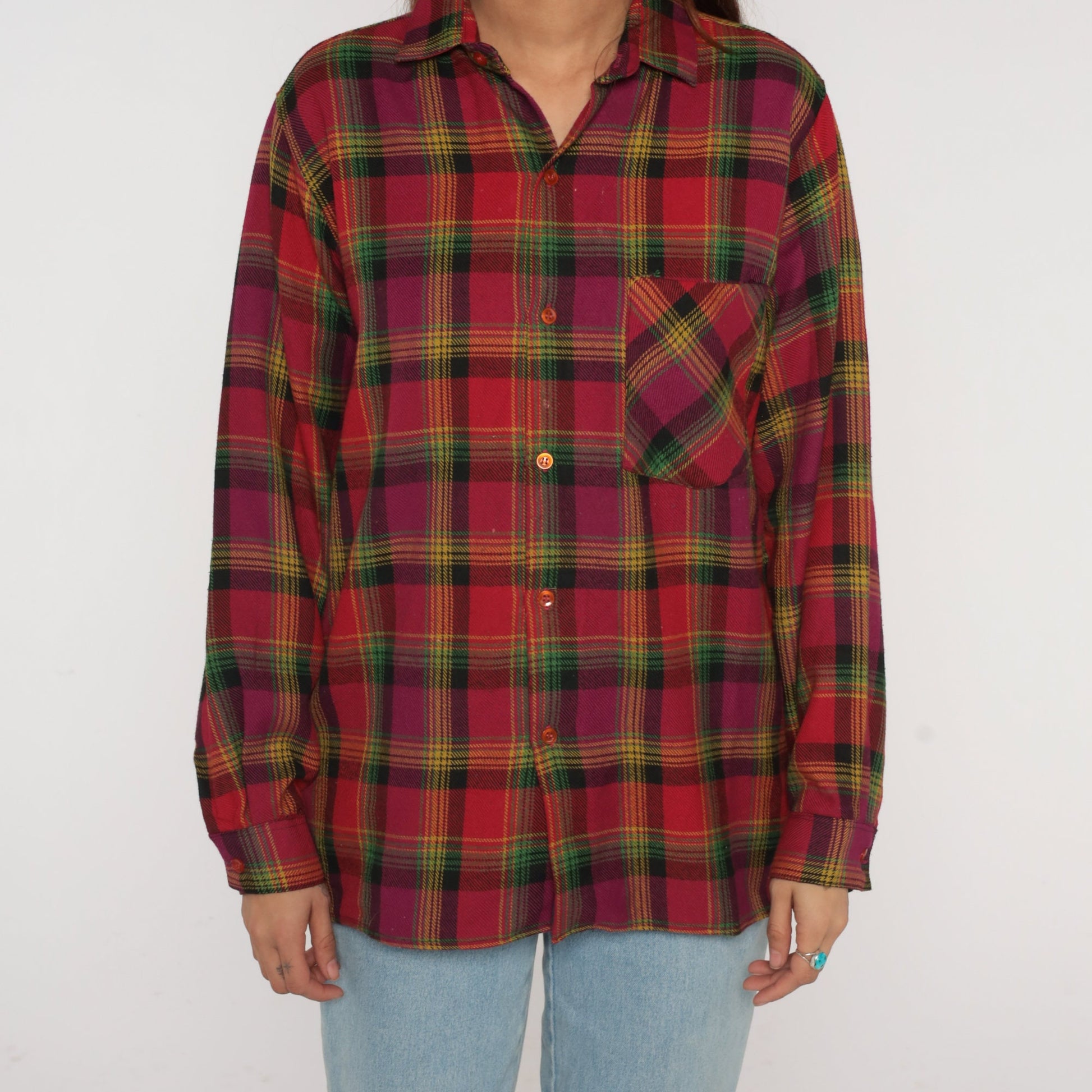 90s Red Plaid Flannel Shirt Button-Up Long Sleeve Collared Medium M