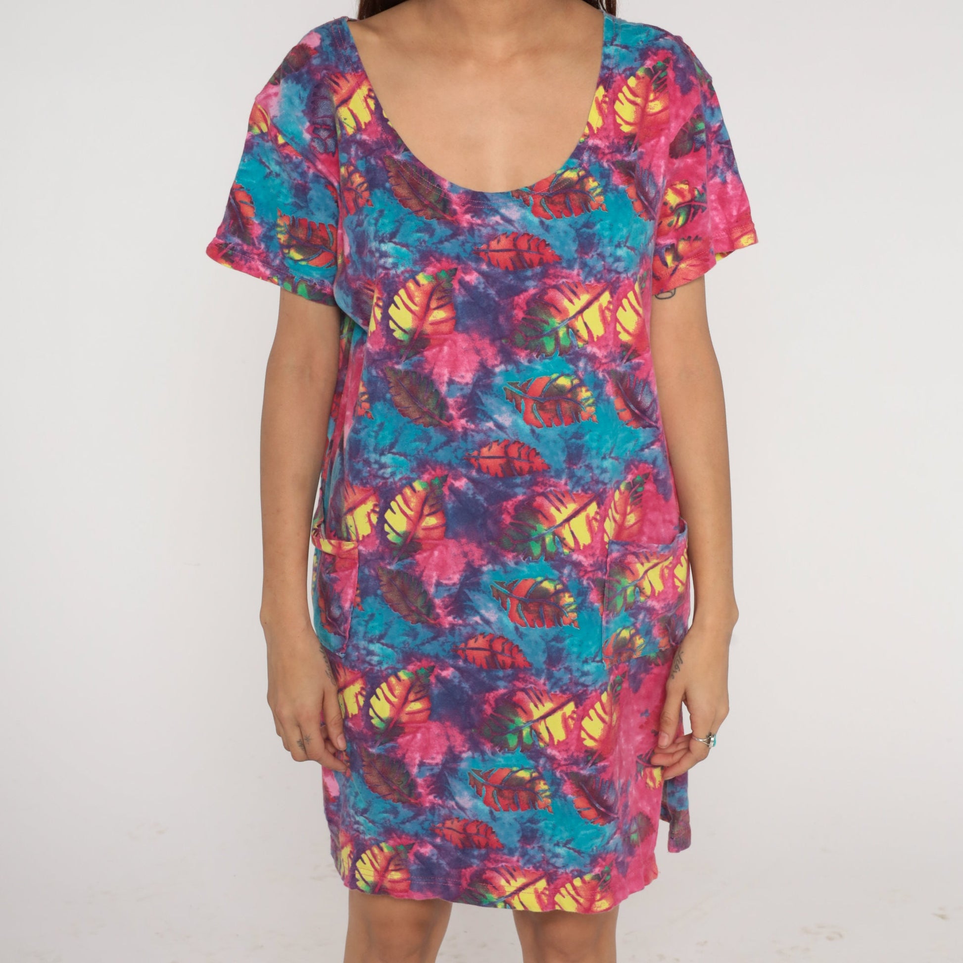 Y2K Tie Dye Leaf Print T-Shirt Dress Pink Blue Mini Short Sleeve Medium M