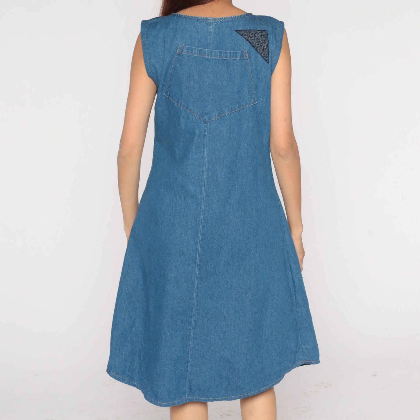 90s Blue Denim Midi Dress Asian Patch Sleeveless Flared Medium M