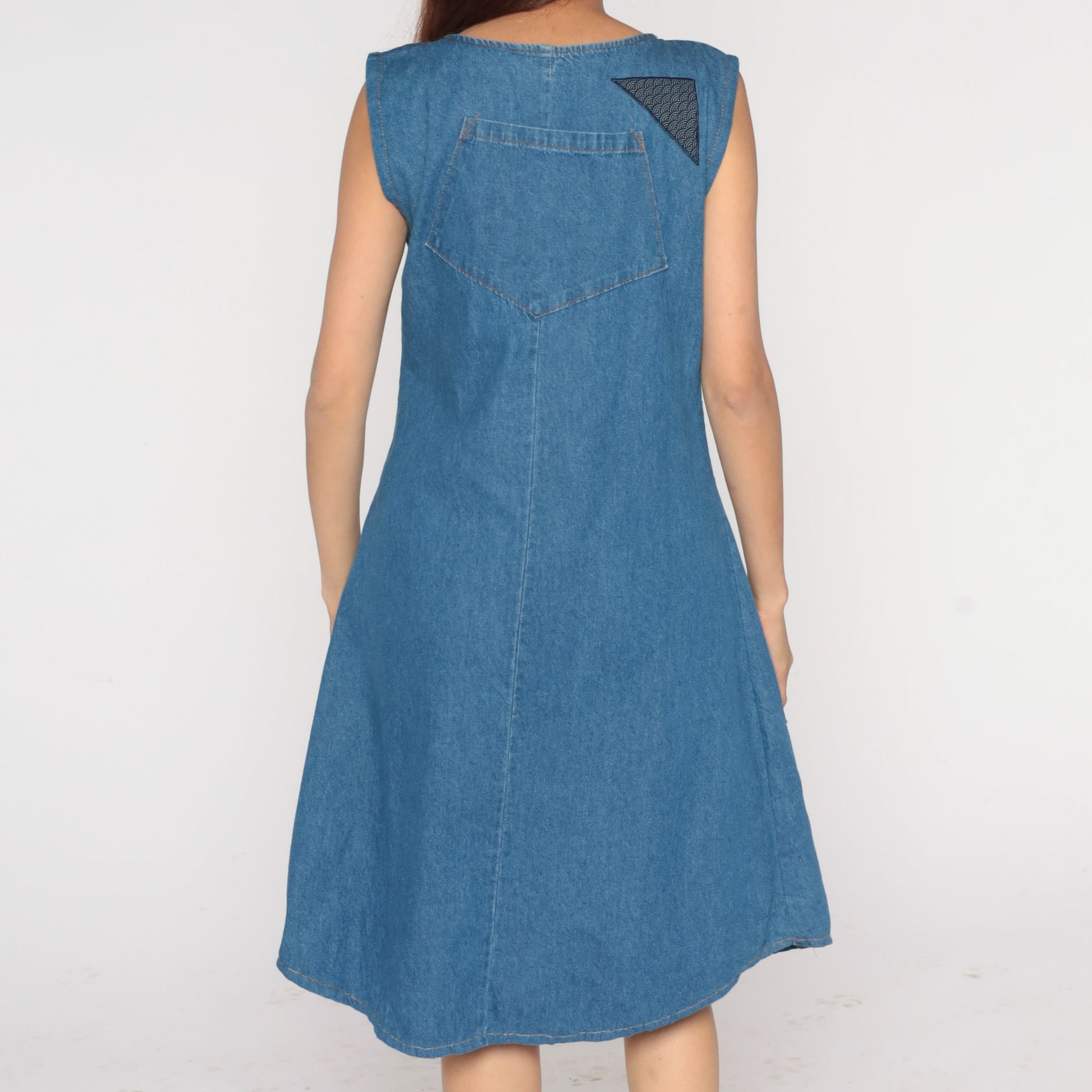 90s Blue Denim Midi Dress Asian Patch Sleeveless Flared Medium M