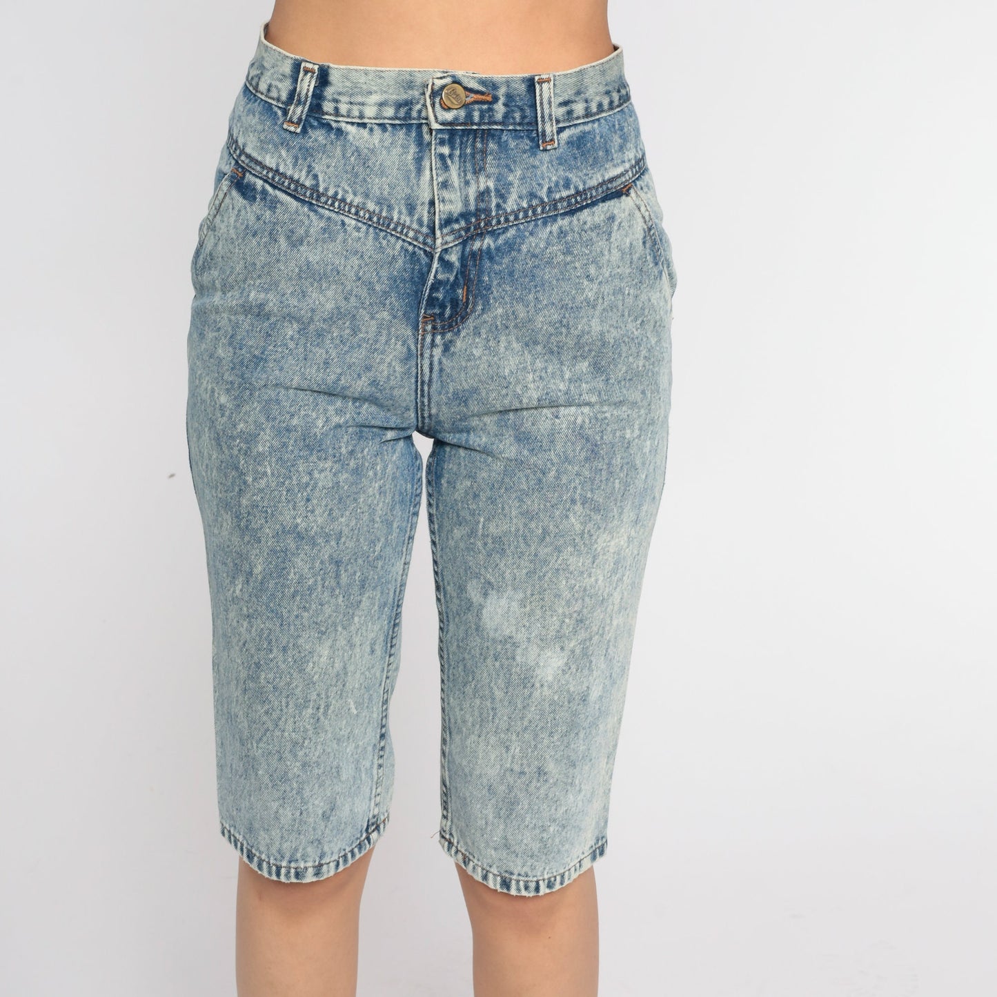 90s Acid Wash Denim Bermuda Shorts High Waist Knee Length Blue Extra Small