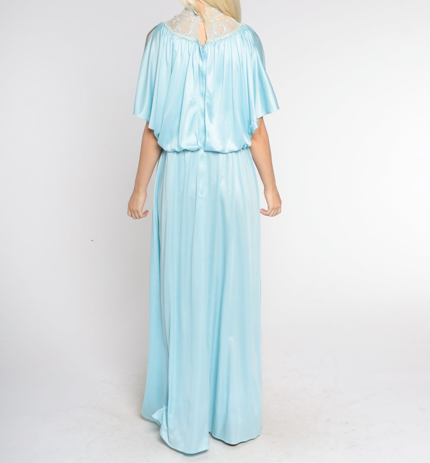 70s Blue Maxi Dress Grecian High Neck Embroidered Lace Split Sleeve Large