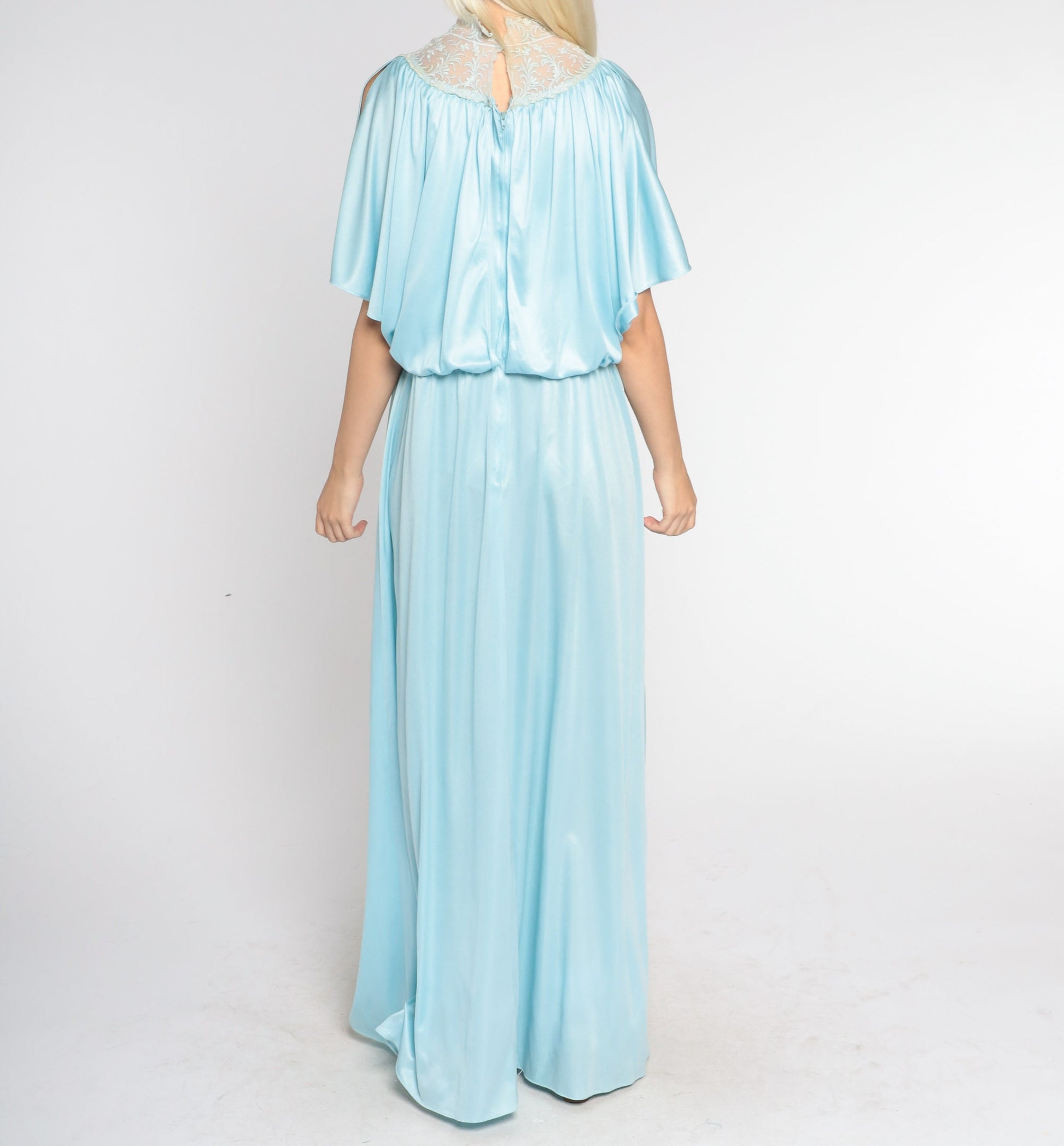 70s Blue Maxi Dress Grecian High Neck Embroidered Lace Split Sleeve Large