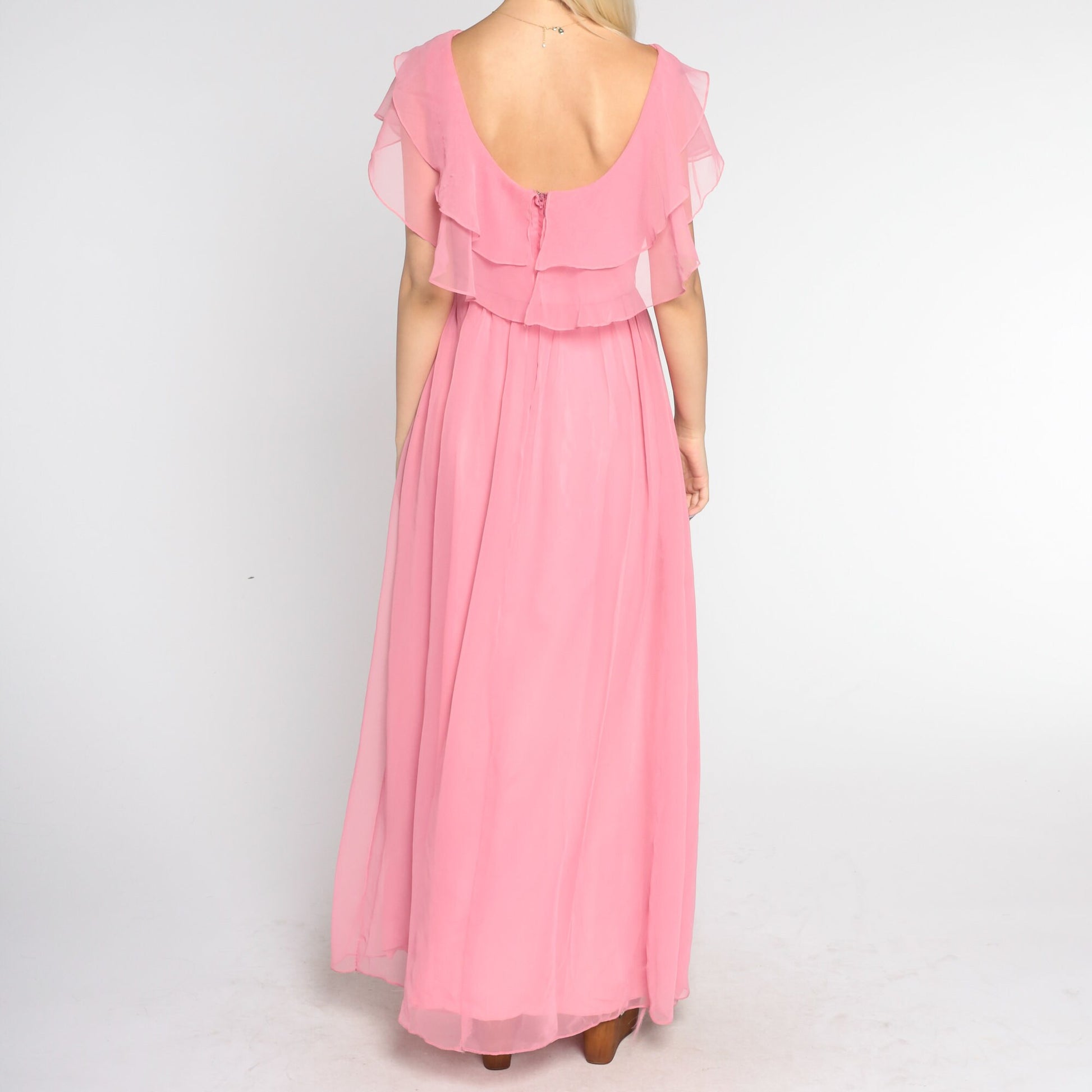 70s Pink Chiffon Maxi Dress Grecian Capelet Flutter Sleeve High Waist Extra Small