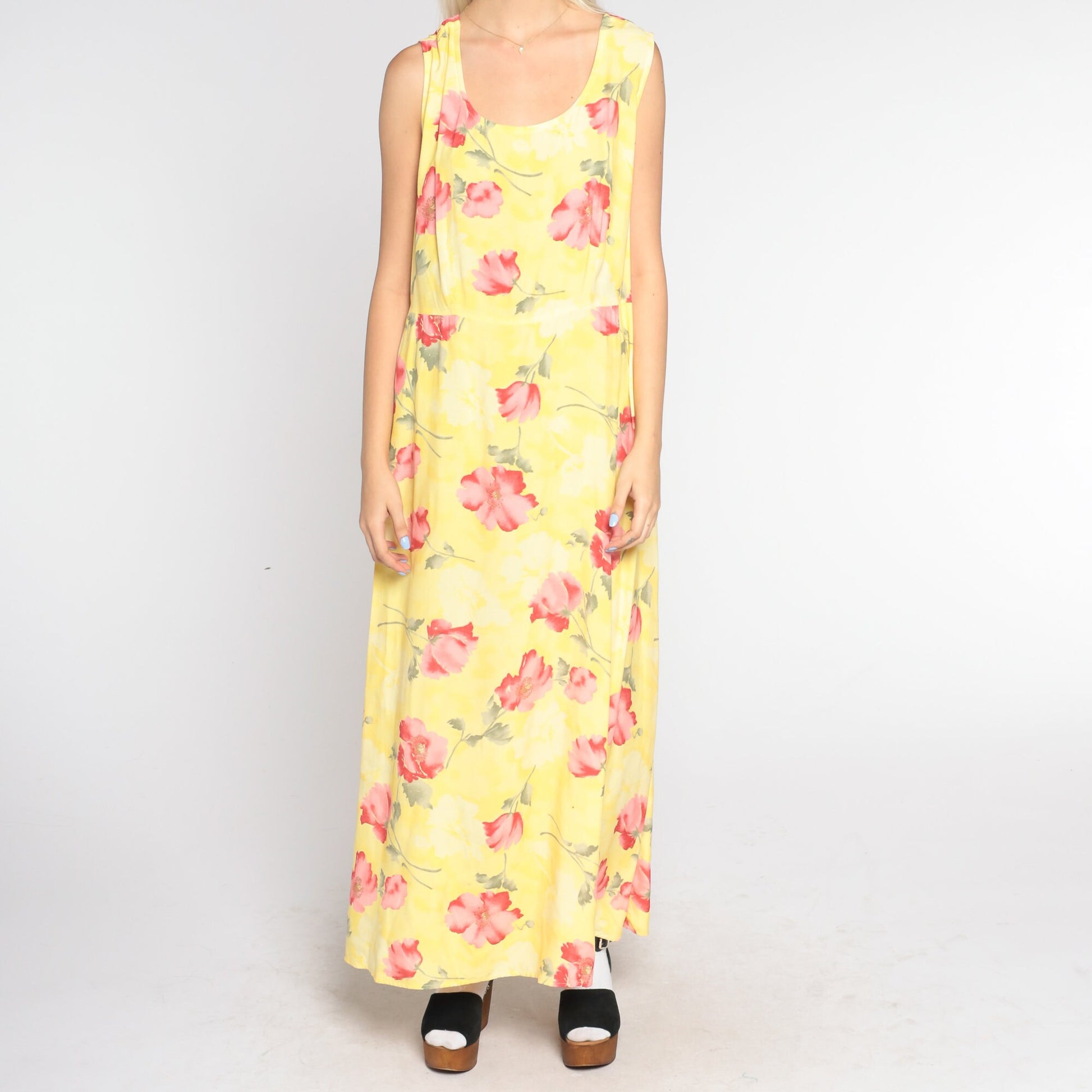 90s Yellow Poppy Print Maxi Dress Sleeveless Floral Large L