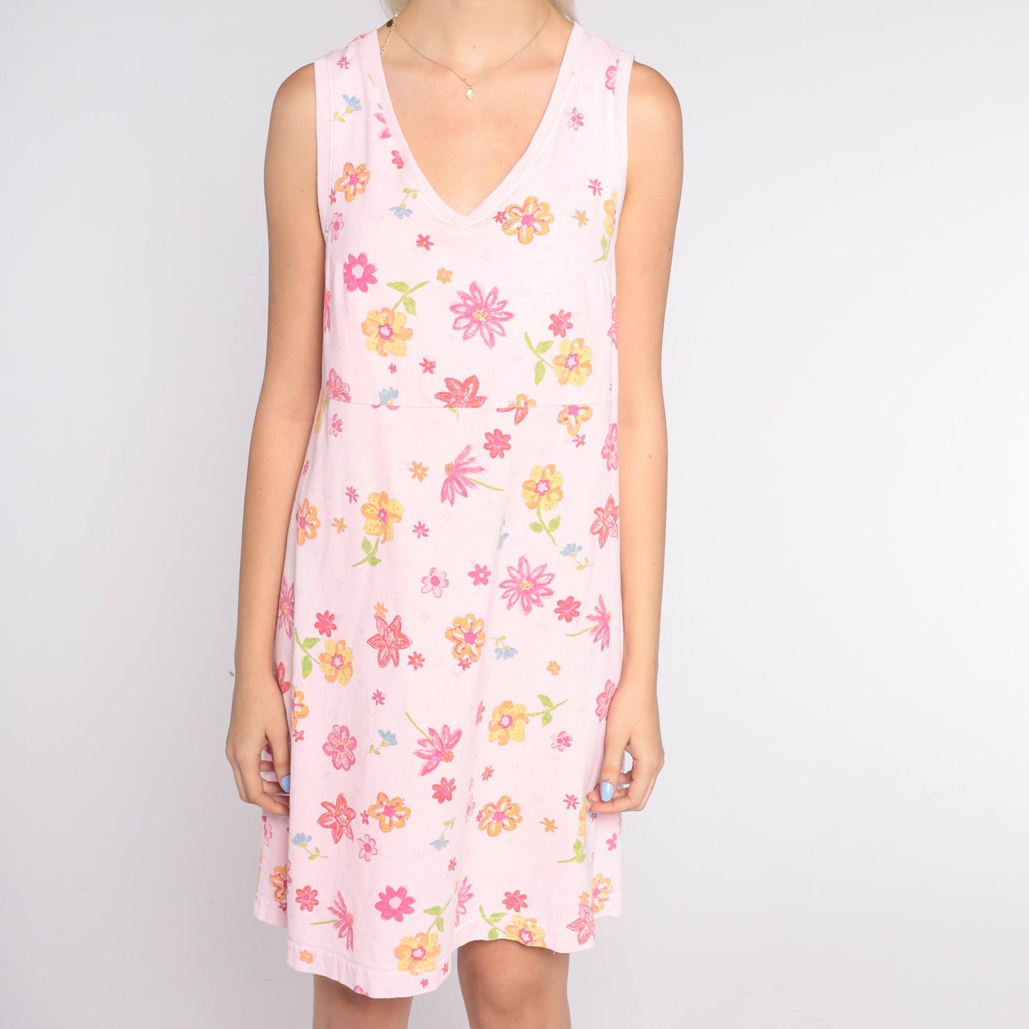 Y2K Pink Floral Tank Mini Dress V-Neck Cotton Small