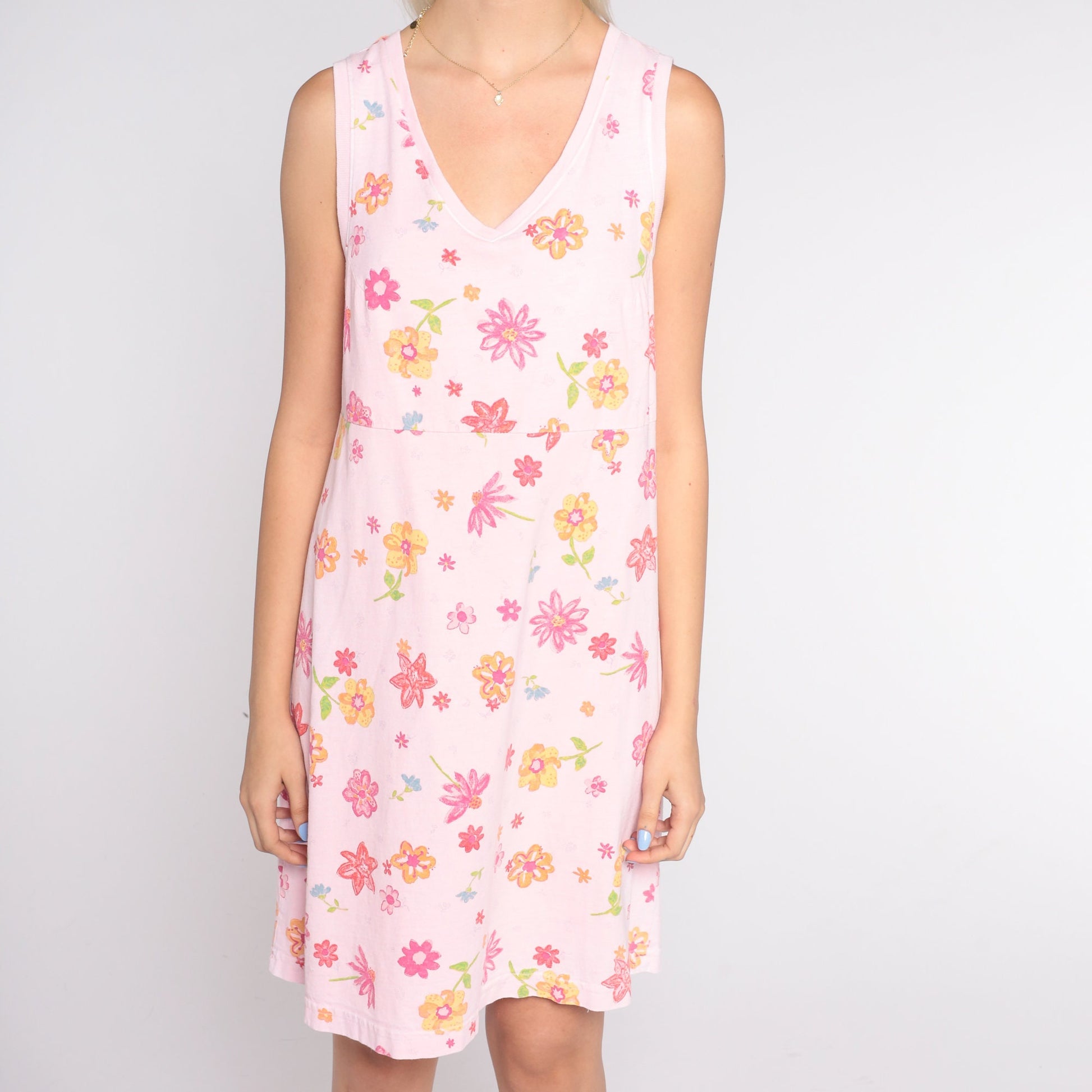 Y2K Pink Floral Tank Mini Dress V-Neck Cotton Small