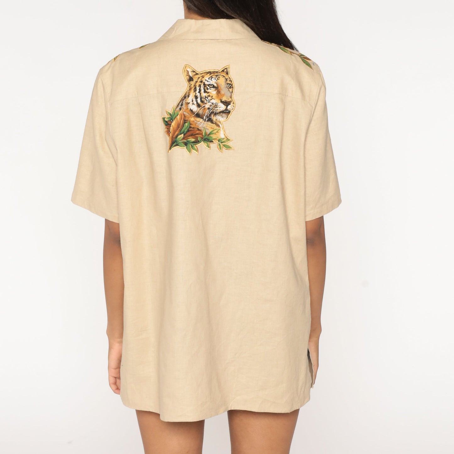 00s Cracker Factory Safari Animal Button Up Shirt Zebra Giraffe Tan Large L