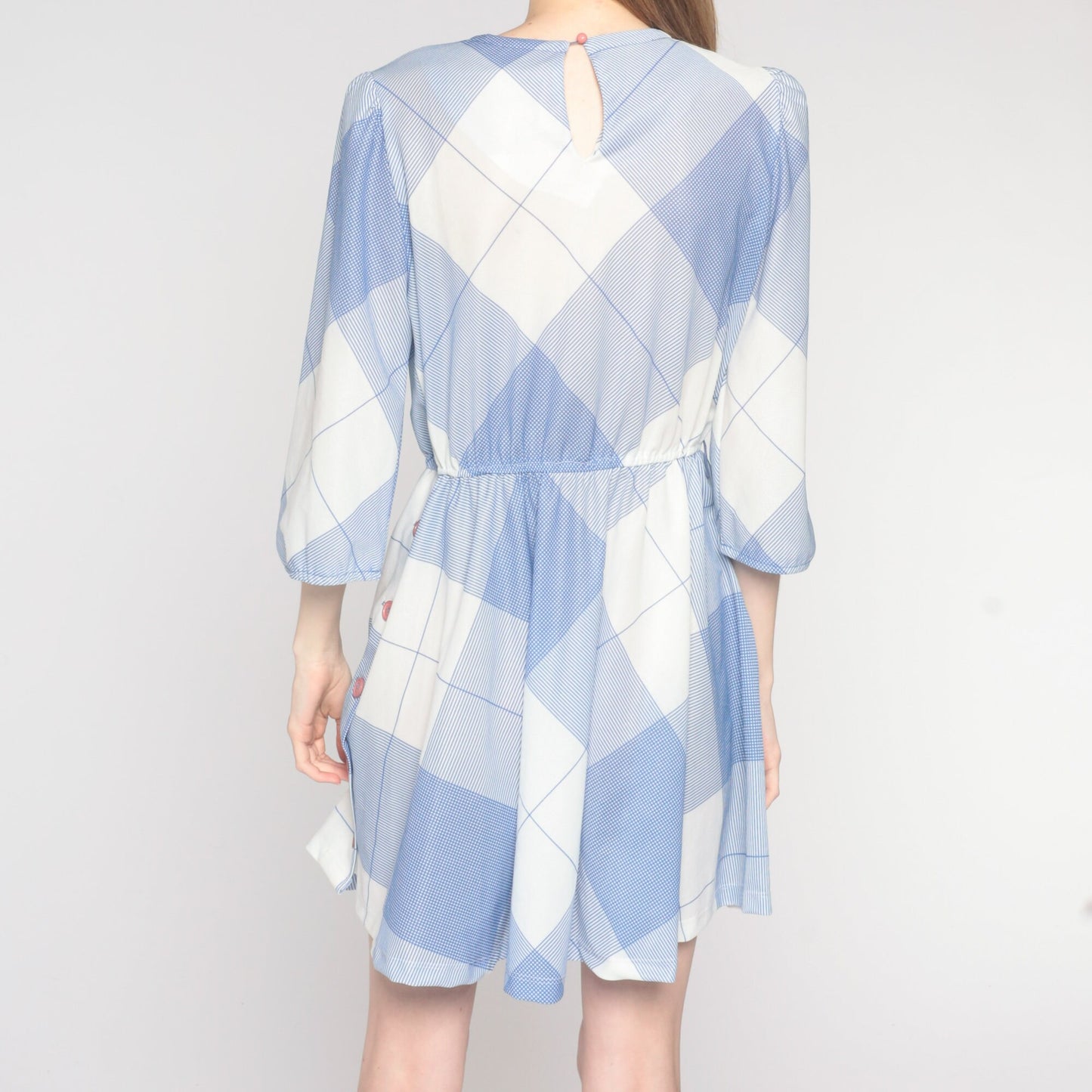 70s Blue White Checkered Mini Dress Puff Sleeve A-Line High Waist Medium Large