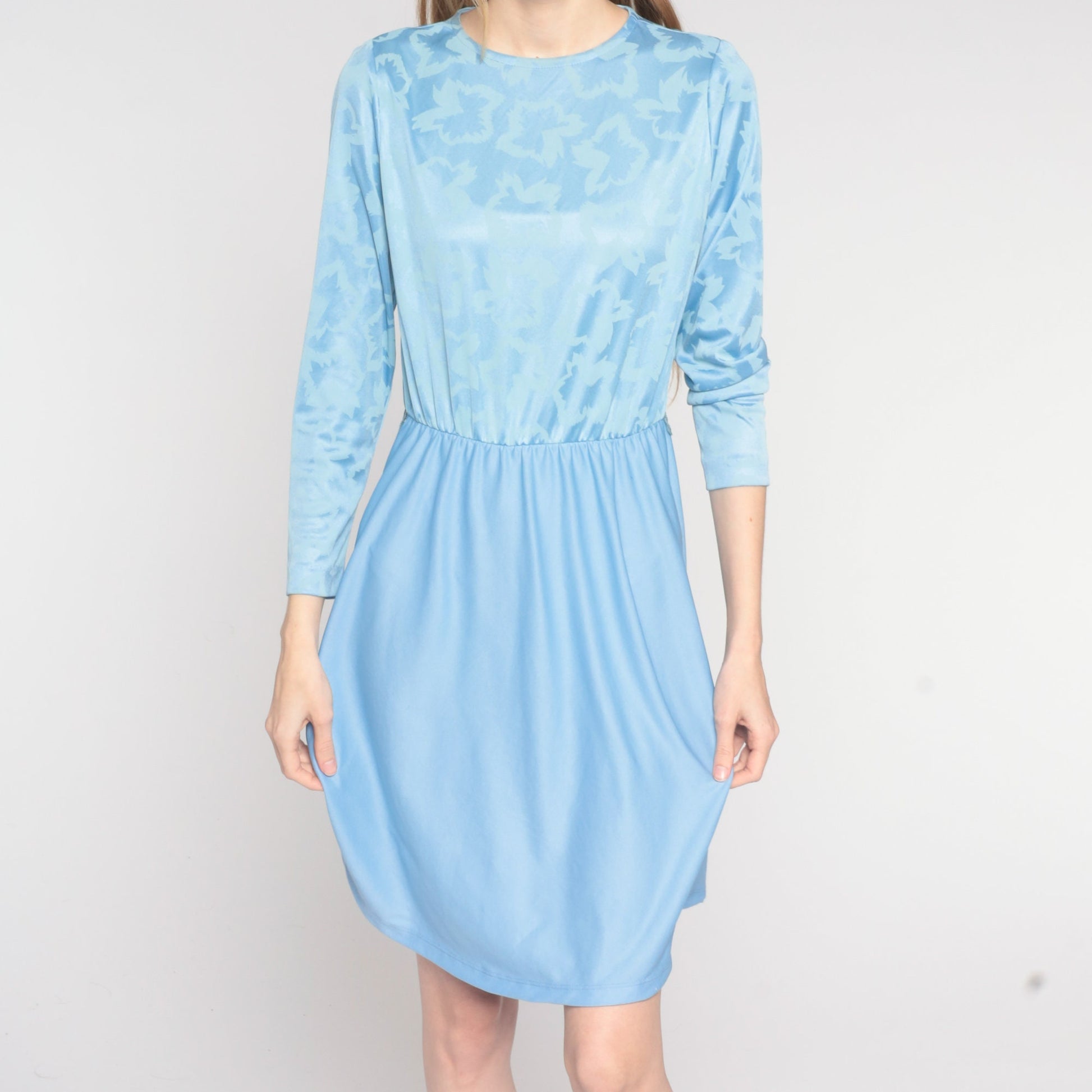 70s Blue Mini Dress Embossed Leaf Print High Waist Long Sleeve Small S