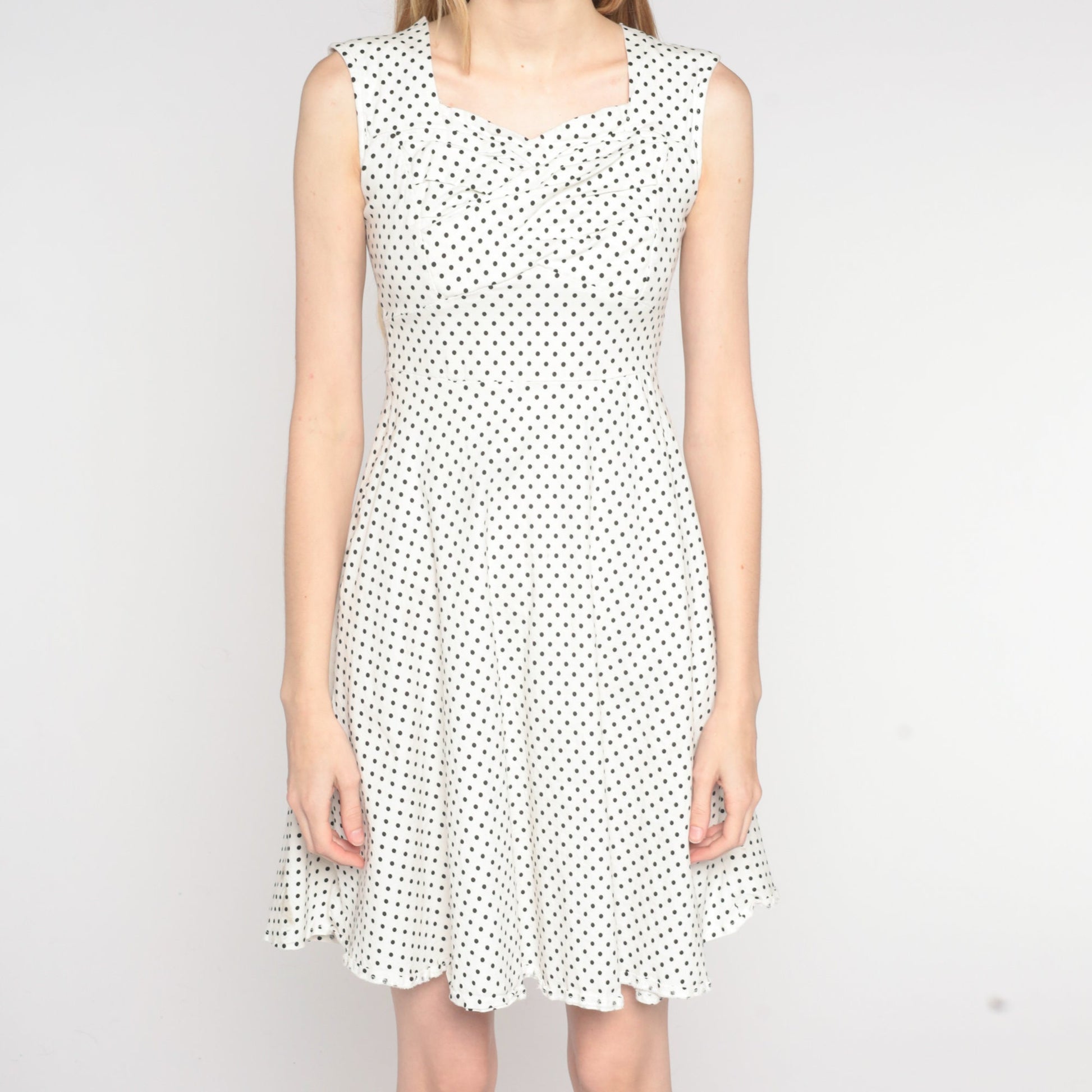 Y2K Polka Dot Mini Dress White Black Sweetheart Neckline Fit Flare Small S
