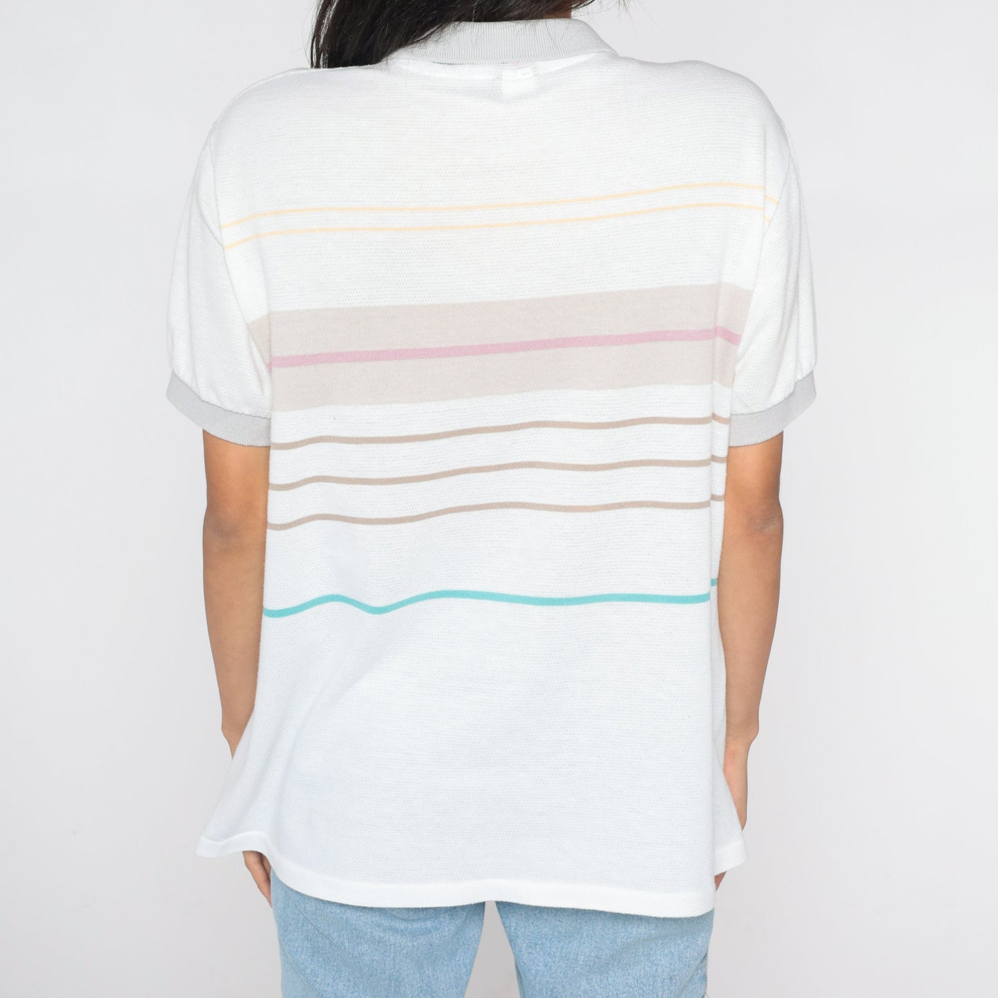 80s Striped Polo Shirt White Multicolor Collared Short Sleeve Medium Large