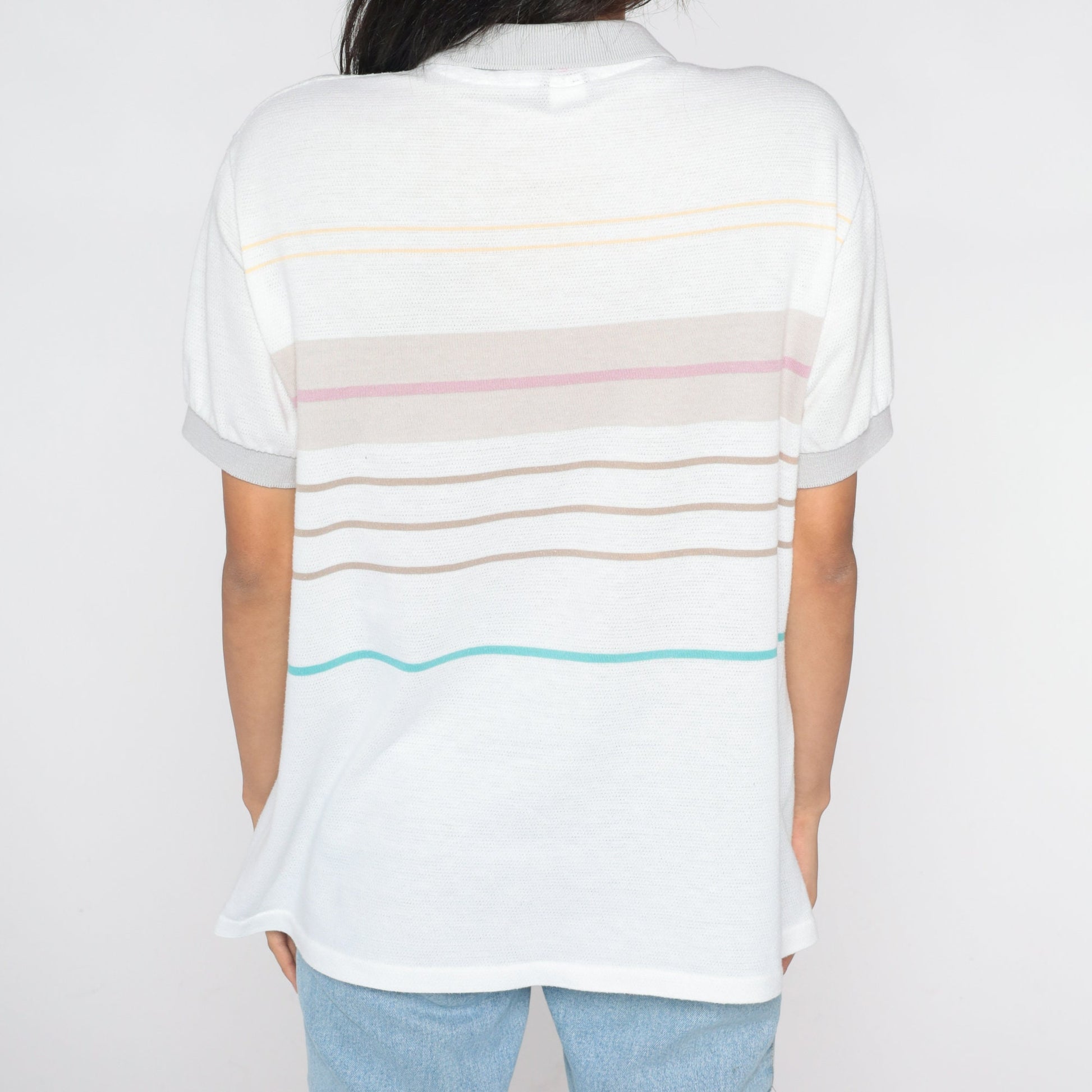 80s Striped Polo Shirt White Multicolor Collared Short Sleeve Medium Large