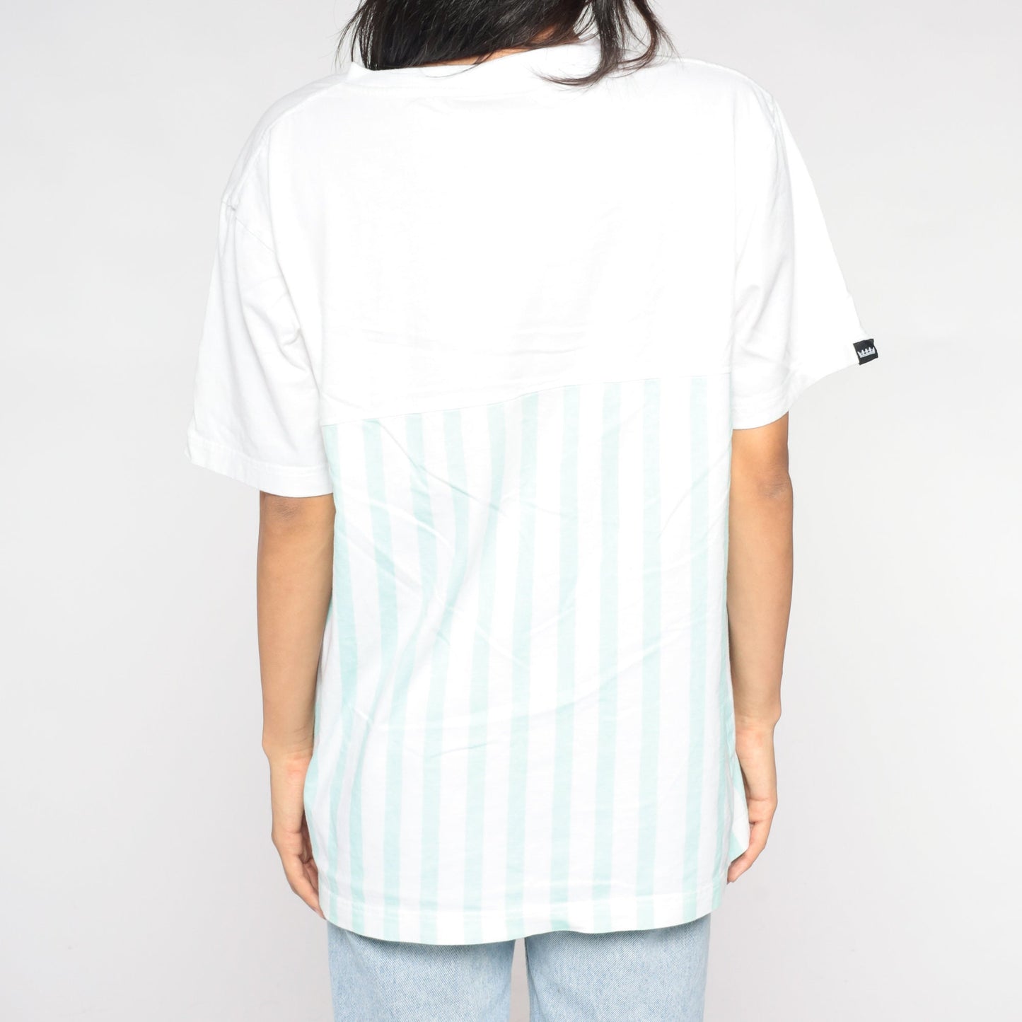 90s Striped Henley Shirt White Mint Green Short Sleeve Button Pocket Tee Large