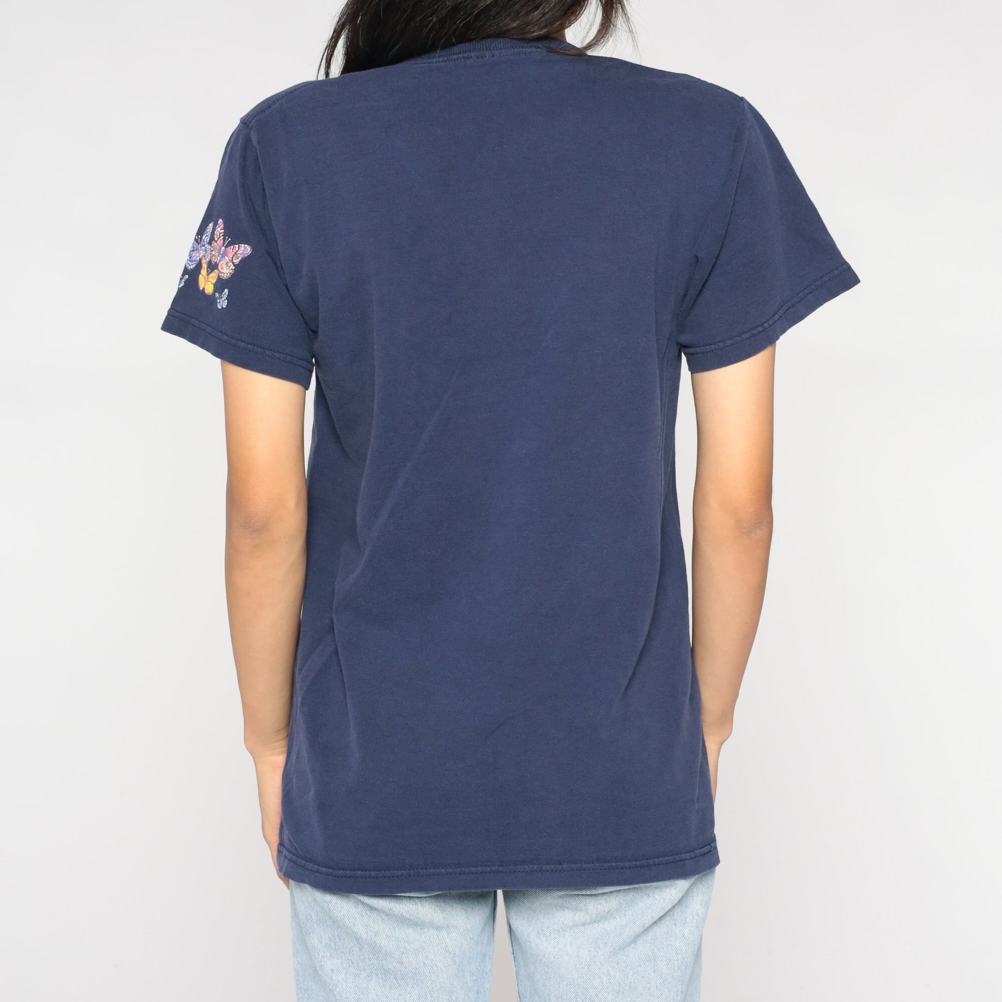 90s Butterfly Kisses Graphic T-Shirt Blue Nature Print Small S