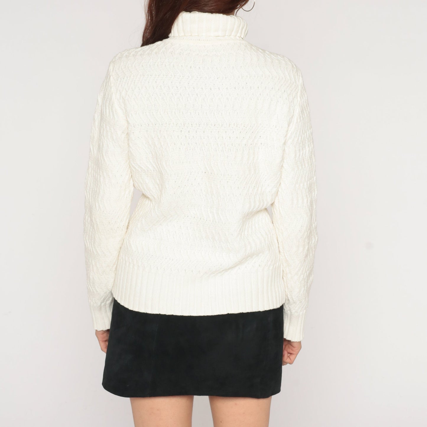 90s White Textured Knit Turtleneck Sweater Pullover Medium M