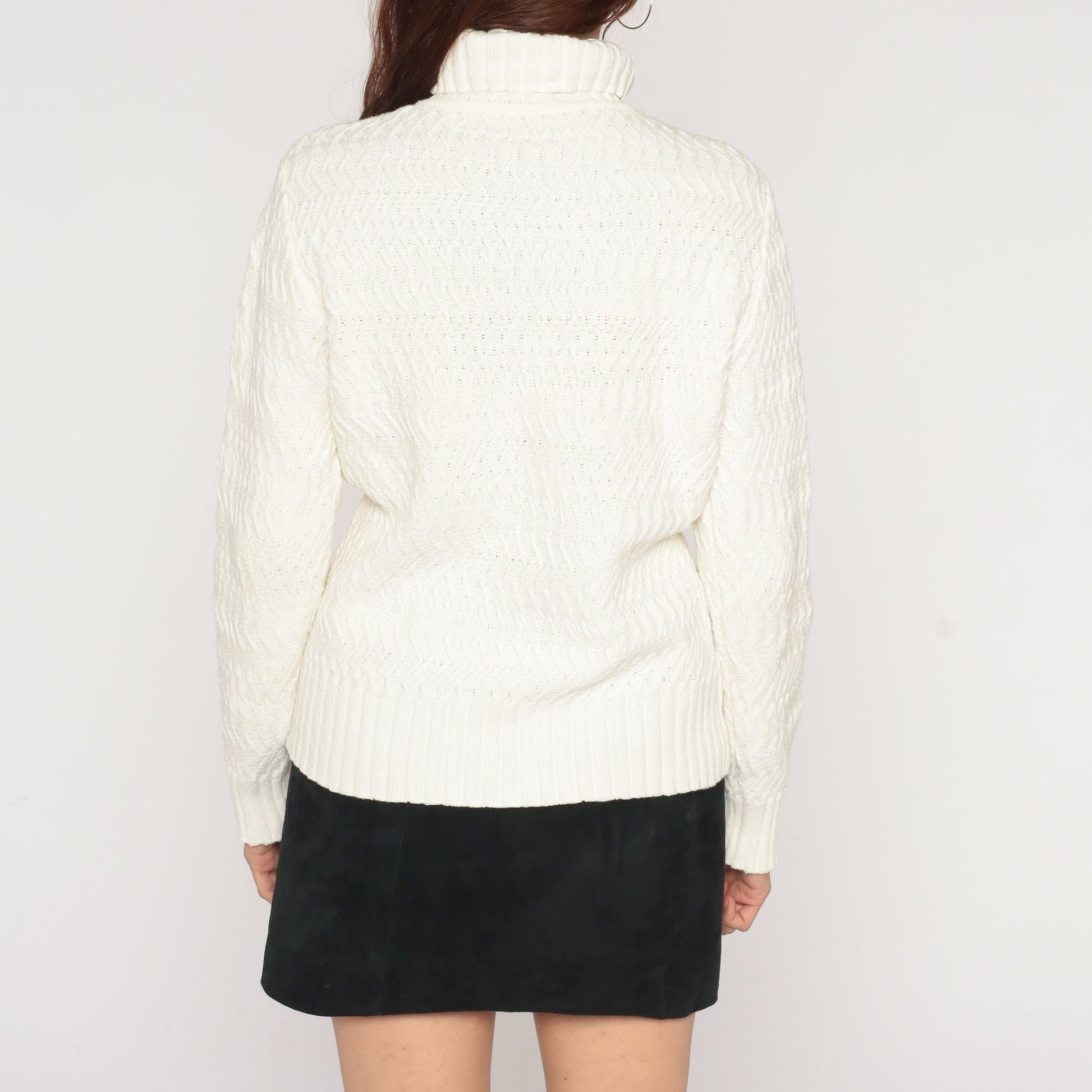 90s White Textured Knit Turtleneck Sweater Pullover Medium M