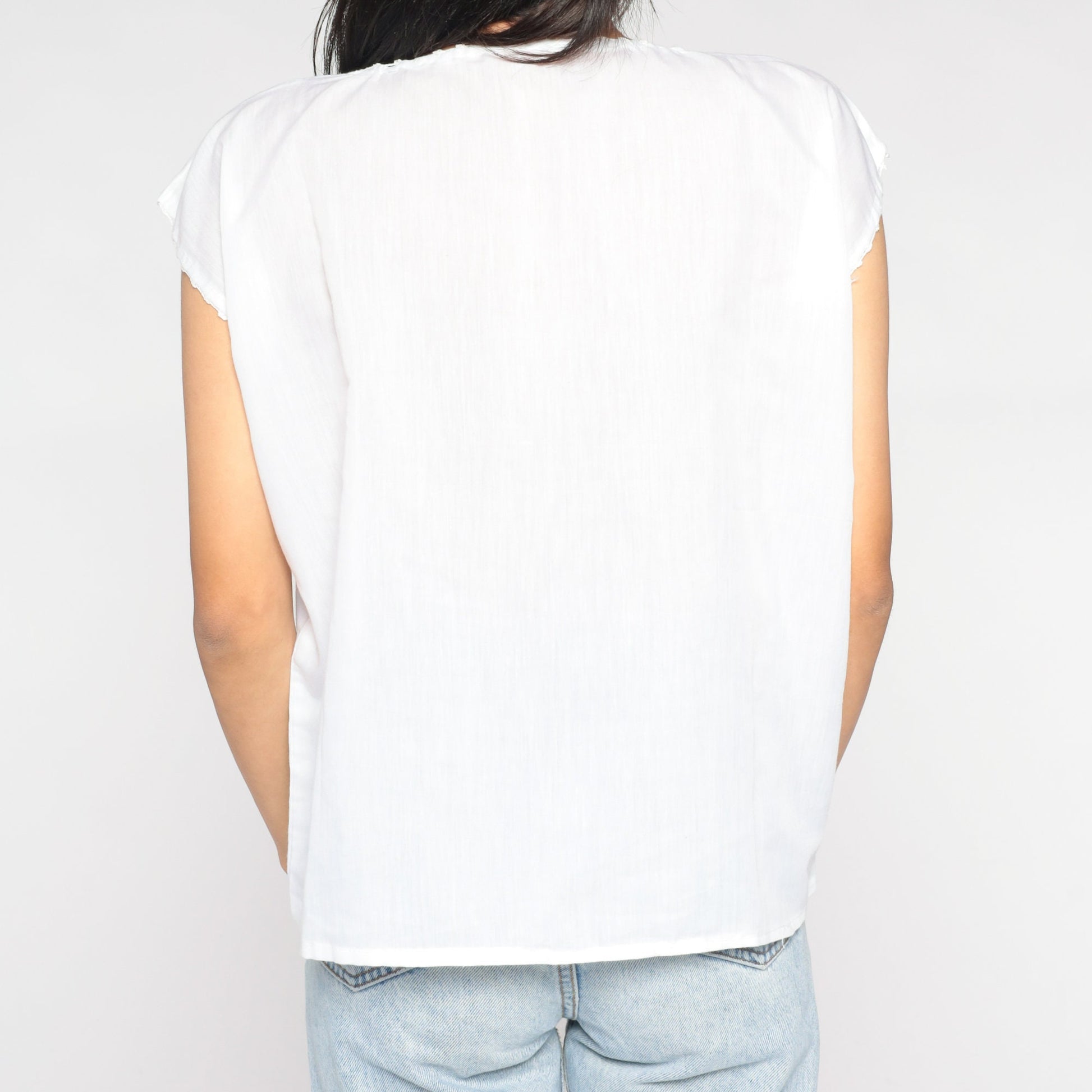 90s White Peacock Embroidered Blouse Metallic Cutout Cap Sleeve Medium