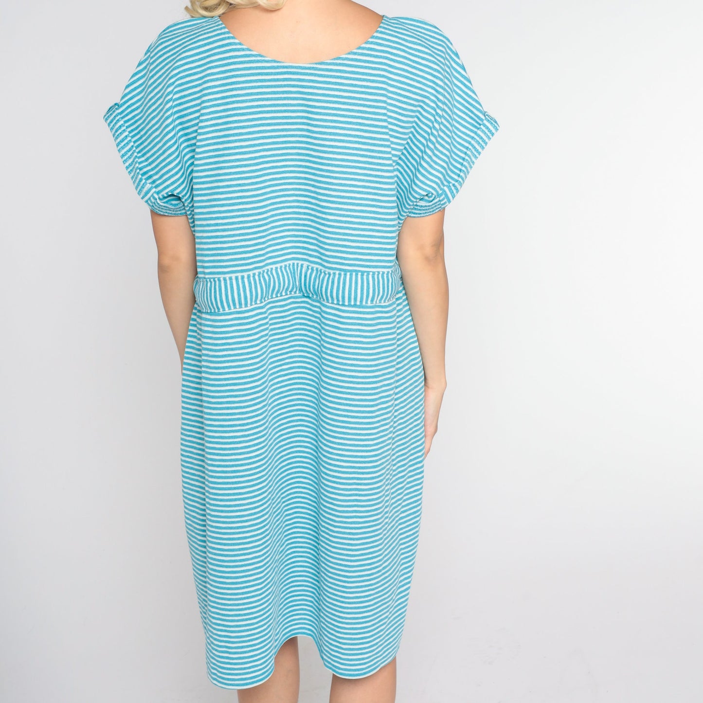 70s Blue White Striped Shift Dress Drawstring Waist Mini Short Sleeve Large