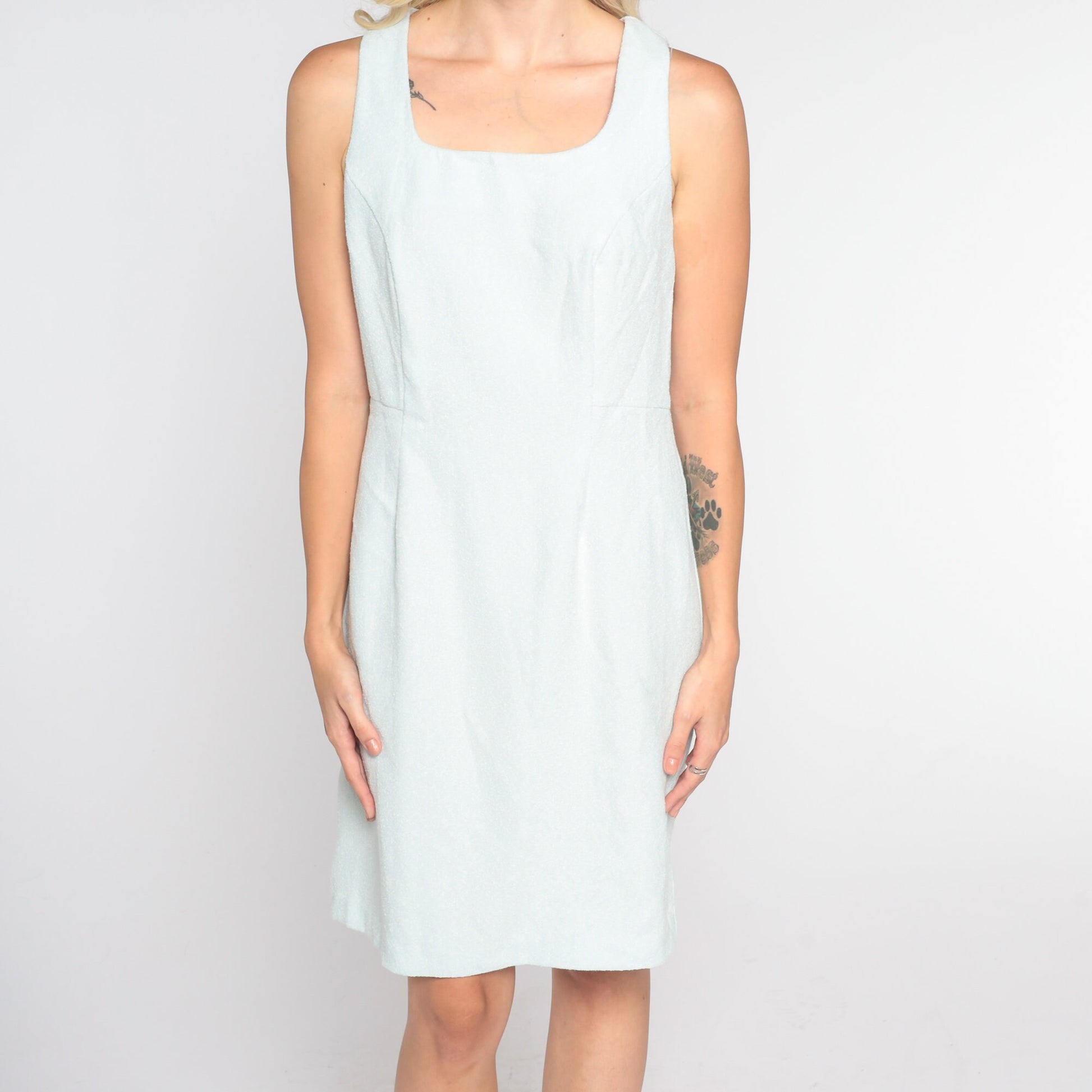 90s Light Blue Mini Sheath Dress Square Neckline Sleeveless Small S