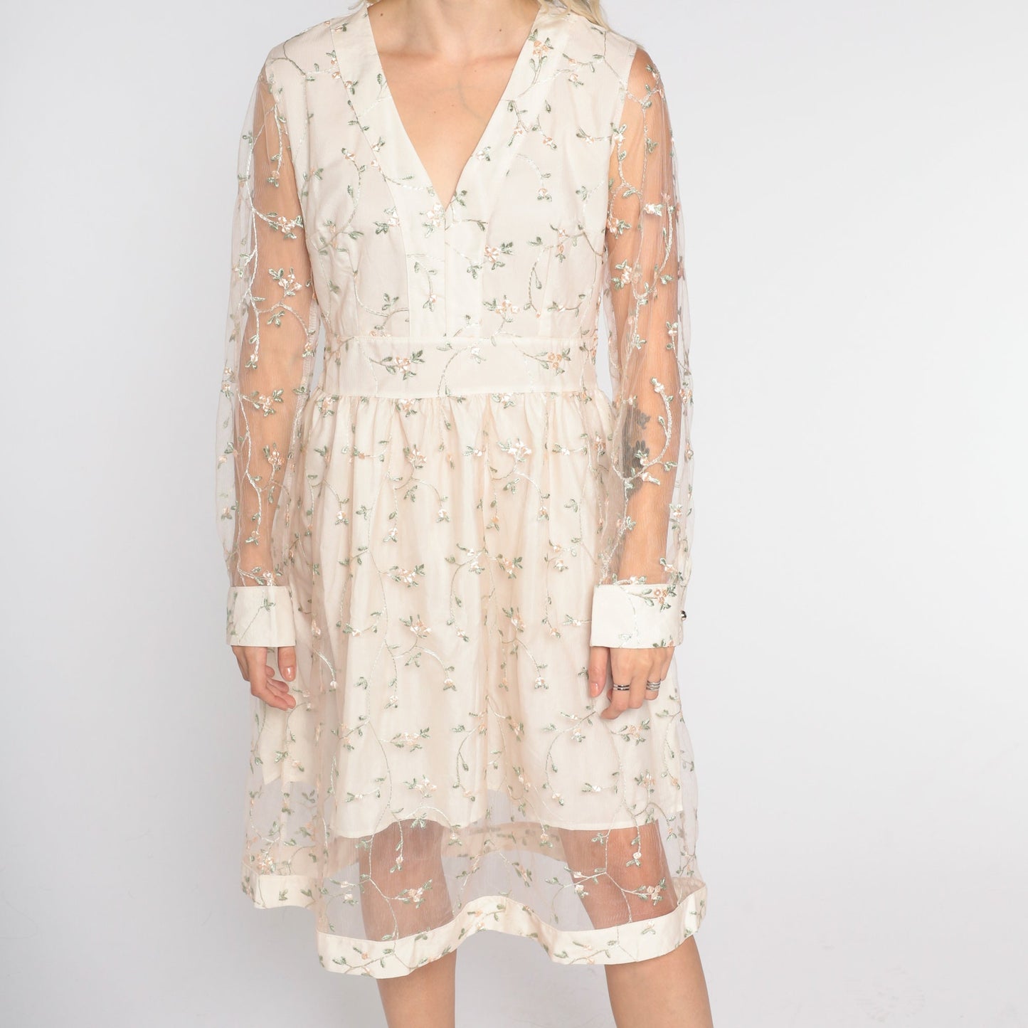 Y2K Floral Embroidered Mini Dress Cream Long Sheer Sleeve V Neck Medium