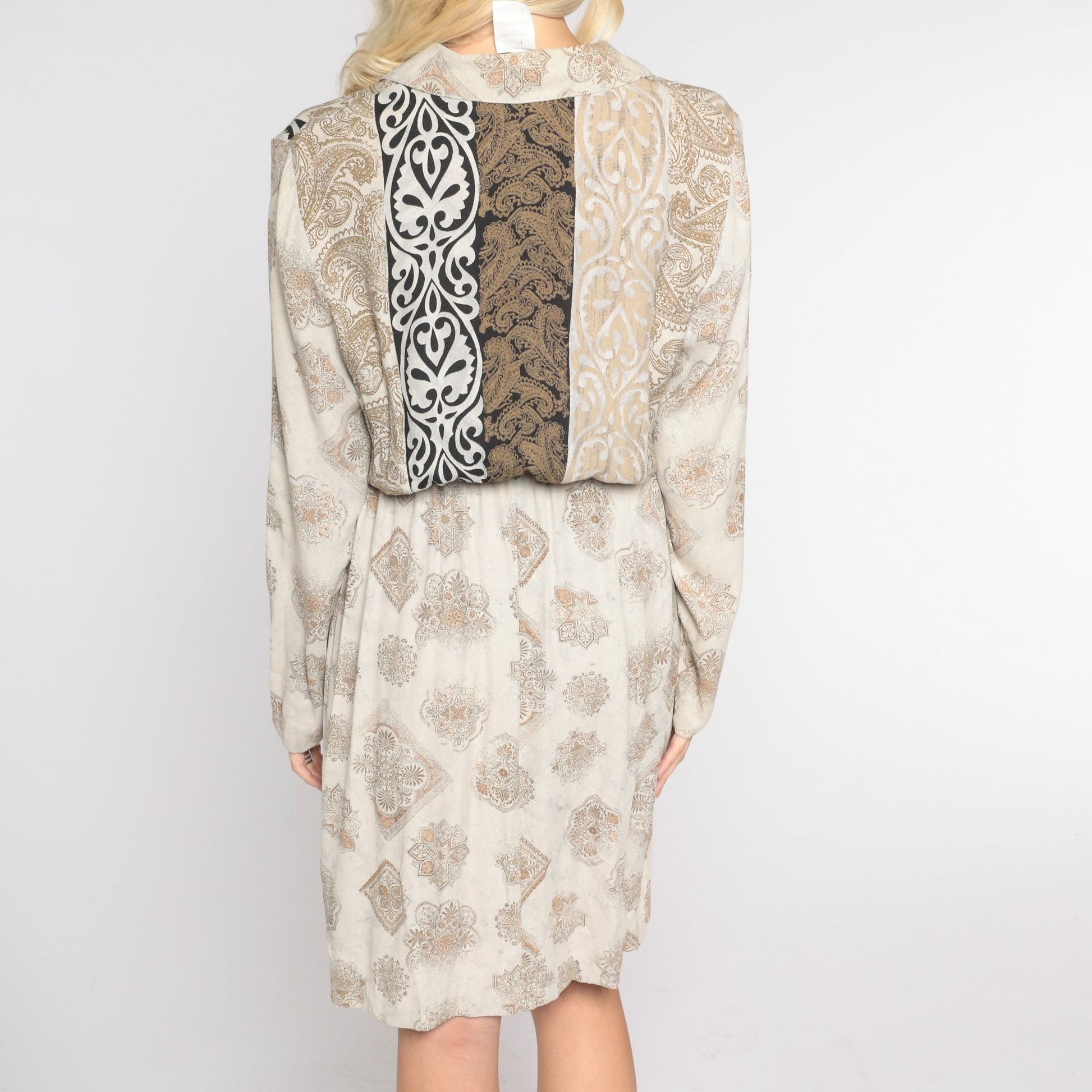 90s Carole Little Paisley Tile Print Dress Tan Collared Pencil Knee Length Small