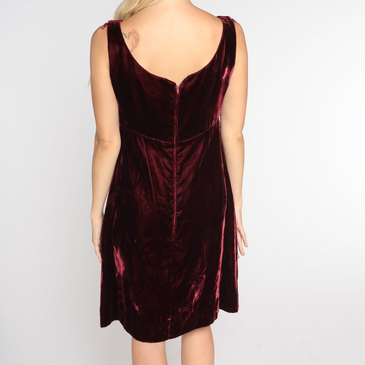 60s Red Velvet Mini Dress Rhinestone Bow V Neck Low Back Small